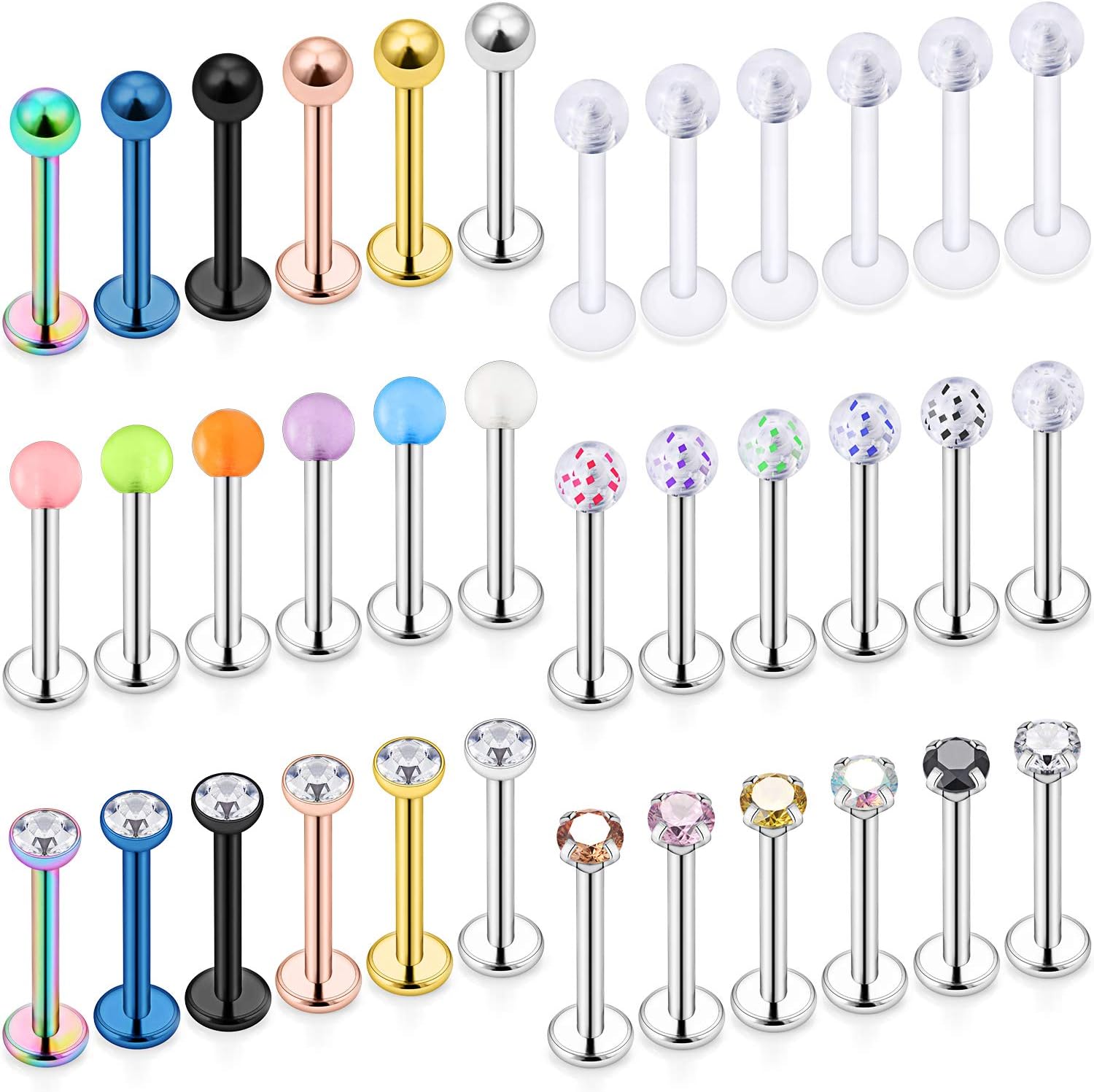 Ftovosyo36-48Pcs Lip Rings 16G Surgical Steel Labret Studs Monroe Ring Piercing Jewelry for Women Men Conch Cartilage Tragus Helix Earring Barbells 6mm 8mm 10mm 12mm