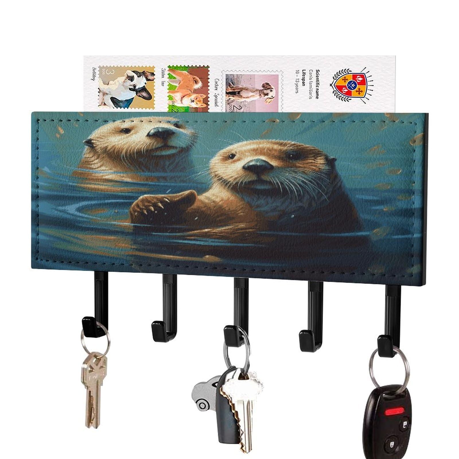 Fekiloot Black-Style Sea Otters Painting Key Holder Wall Mount Decorative Key And Mail Holder Pu Key Rack With 5 Hooks Key Hanger Organizer Decorative Home Decor For Wall For Entryway Office Living Room