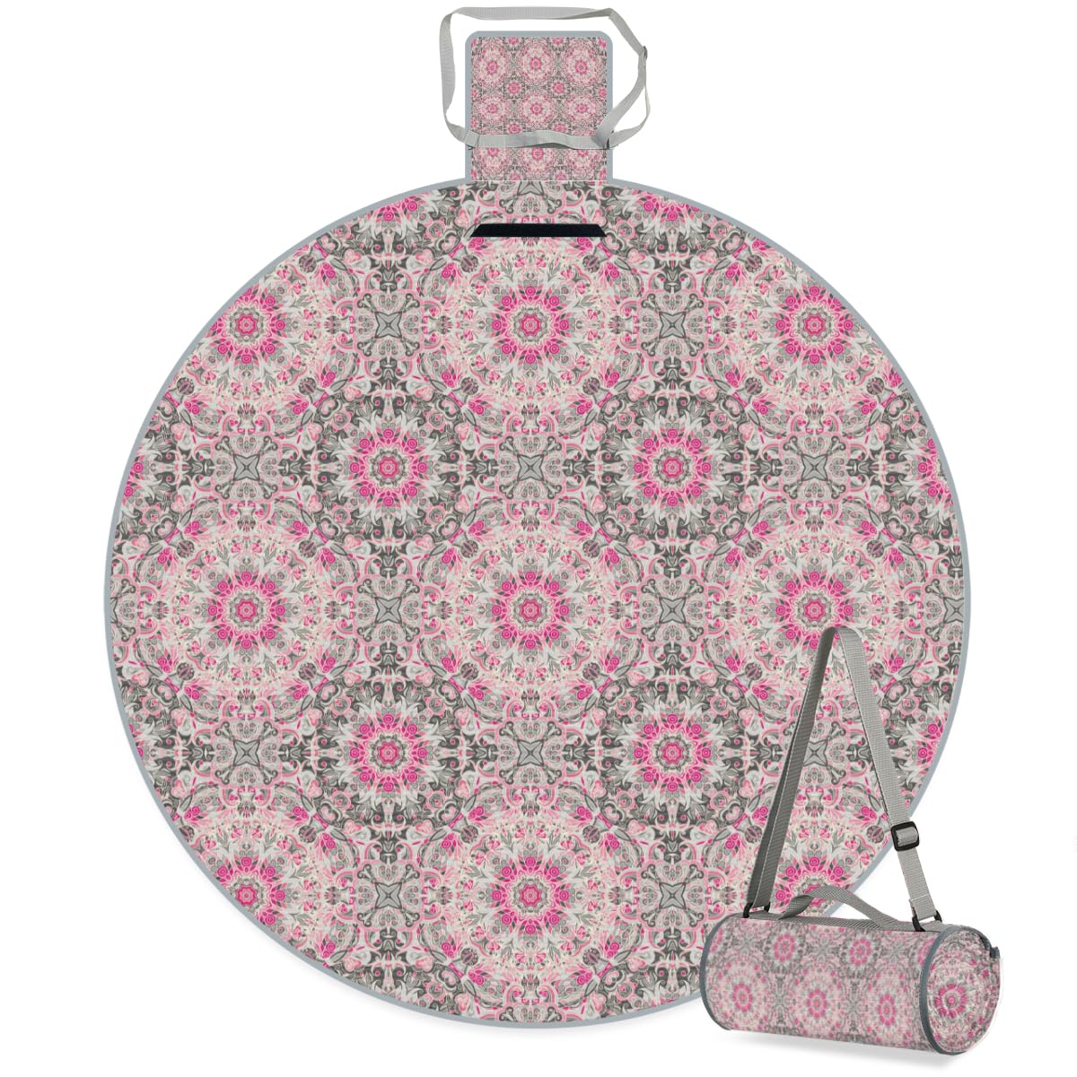 Shimoshe Pink Mandala Print Picnic Outdoor Blanket Foldable Waterproof Sandproof Beach Blanket Portable Water-Resistant Round Picnic Mat for Travel Camping Park Lawn