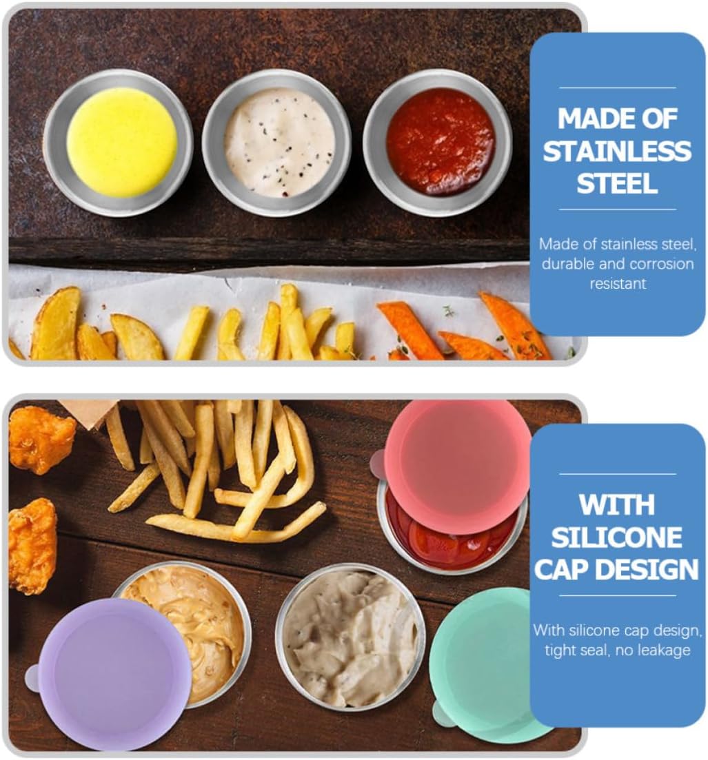 LIFKOME 6 Sets Stainless Steel Ketchup Bowls with Silicone Leak-proof Lids, Healthy Tableware Condiment Pots for Indoor Barbecues and Home Use Random Color
