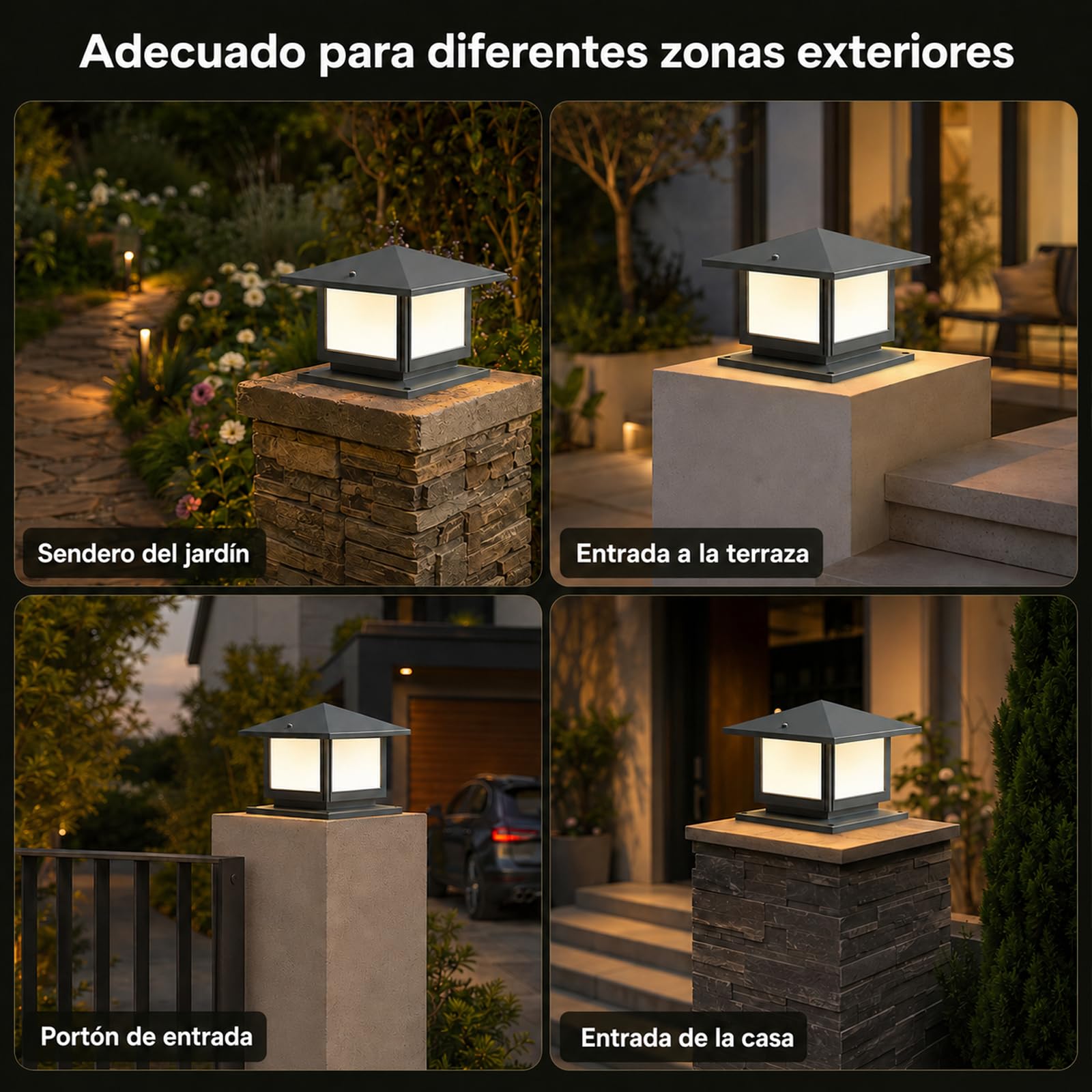 Farola Exterior Jardín E27 12W, Lámpara Sobremuro Exterior de Aluminio IP45, 3000K/4500K/6000K, Baliza Cuadrada para Muro, Pilar, Camino, Terraza y Patio, Gris