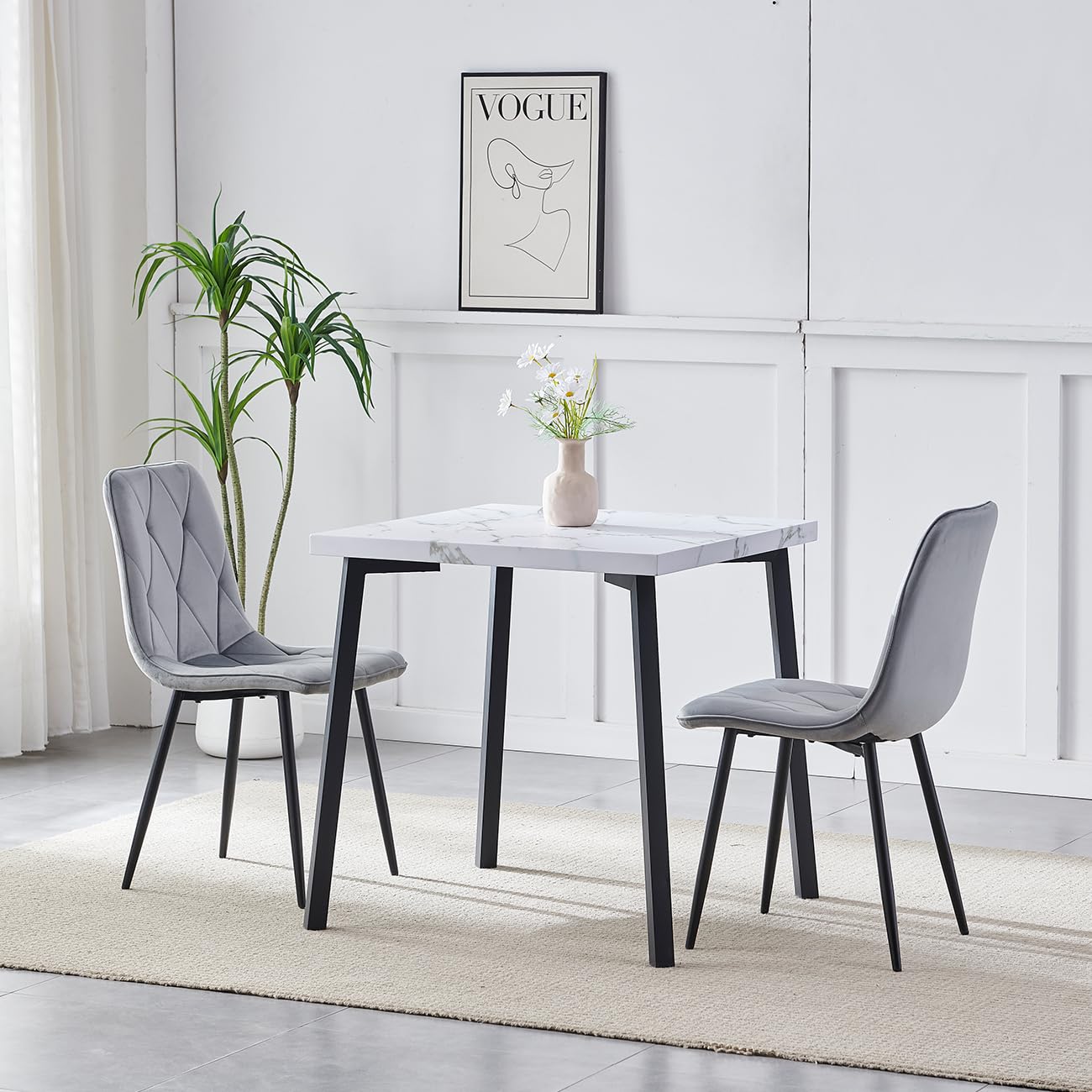 Redd Royal Small White Marble Square Dining Table and Grey Velvet Chairs Set of 2, Modern 3-Piences Kitchen Table with Chairs Set for 2 People Usage Apartment Restaurant (table with 2 grey chairs) — image 1