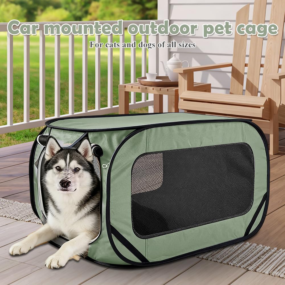 Boîte de transport pliable pour chien et chat jusqu'à 29,5 kg (94 x 53 x 53 cm), robuste, pliable, avec double portes et ceinture de sécurité, refuge portable pour les voyages (vert)