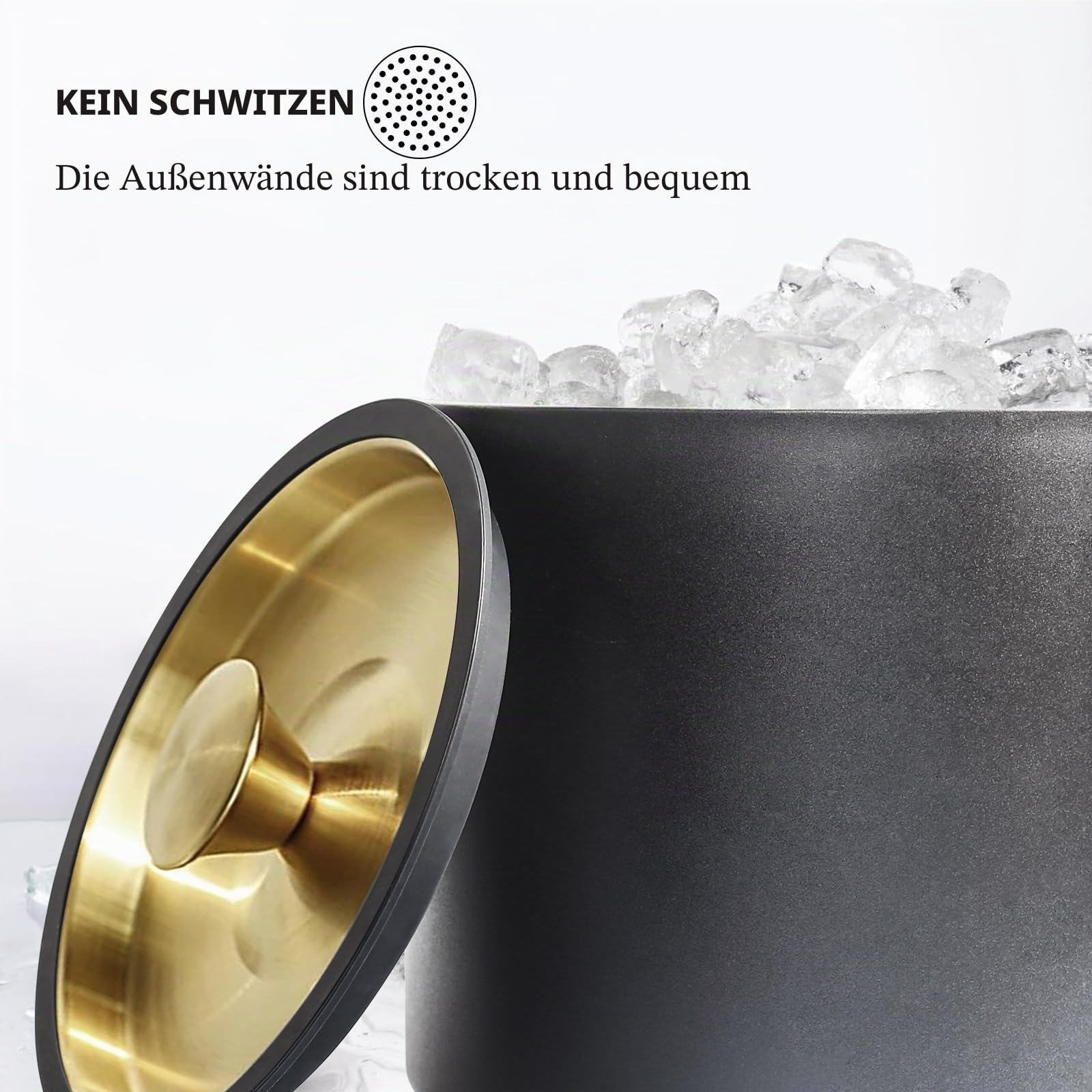 3.2L Moderner Eiswürfelbehälter mit Deckel, Schaufel, Sieb, doppelwandiger Eiskübel aus Edelstahl für Champagner, Wein, Bier, Kühlen für Partys (Schwarz)