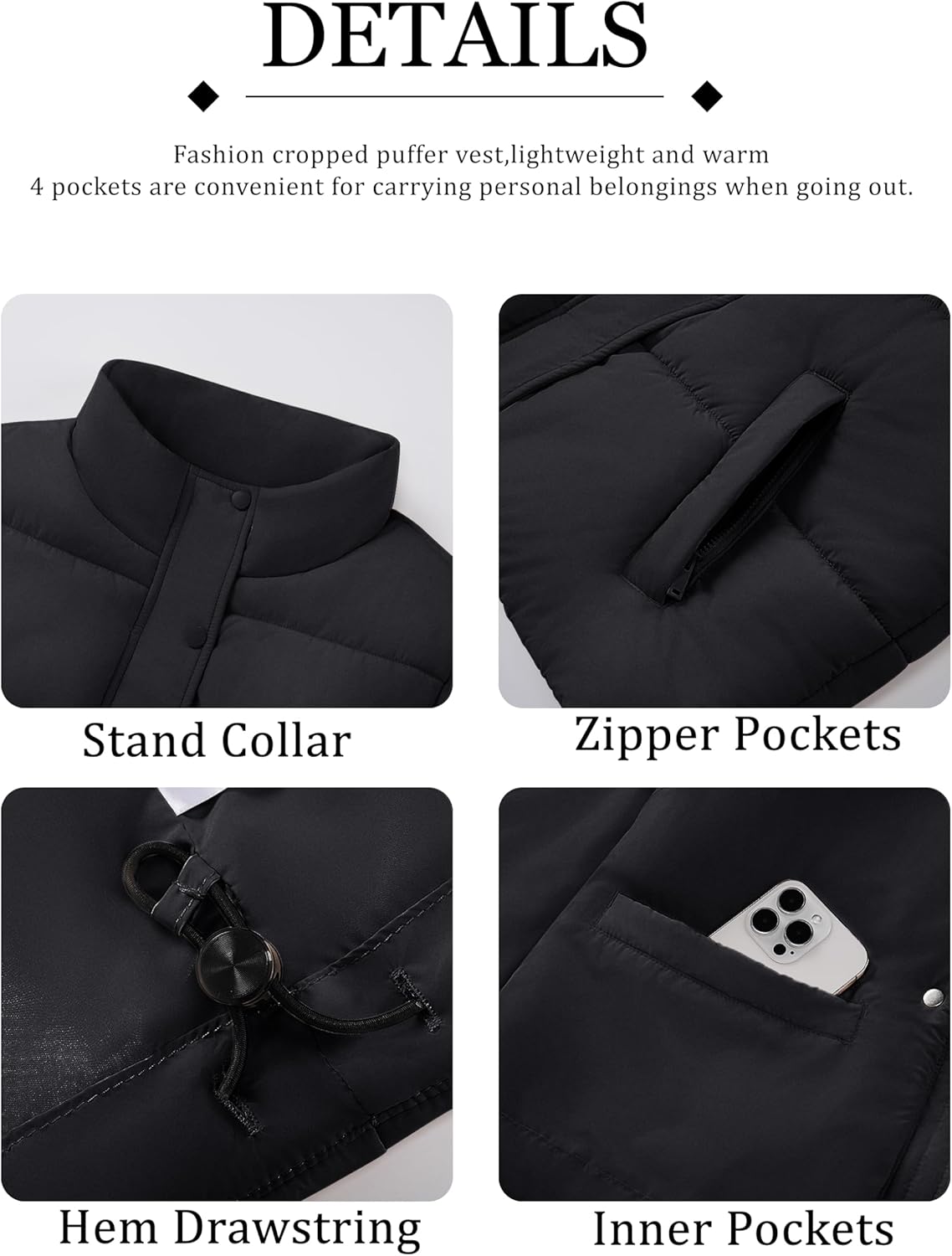 YUCOLEN Womens Puffer Vest Sleeveless Lightweigh Cropped Vests Button Zip Up Winter Warm Outerwear Stand Collar Trendy Coat - Image 6