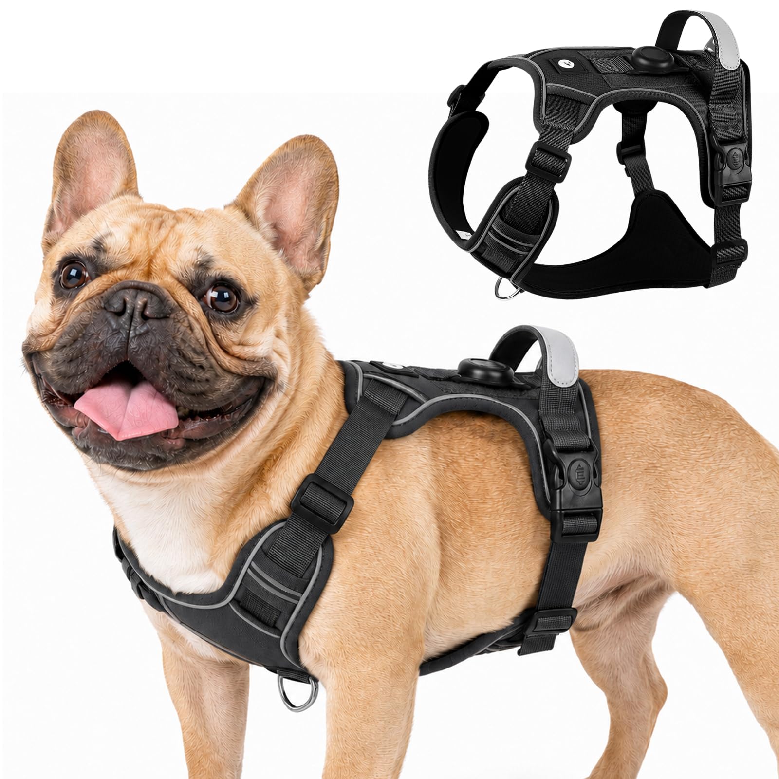 Olcyren No Pull Dog Harness with AirTag Holder, Adjustable Anti Pull Soft Padded Dog Harness with Front Clip, Reflective No-Choke Pet Vest Harness with Handle for Small Medium Large Dogs (Black, M) — image 1