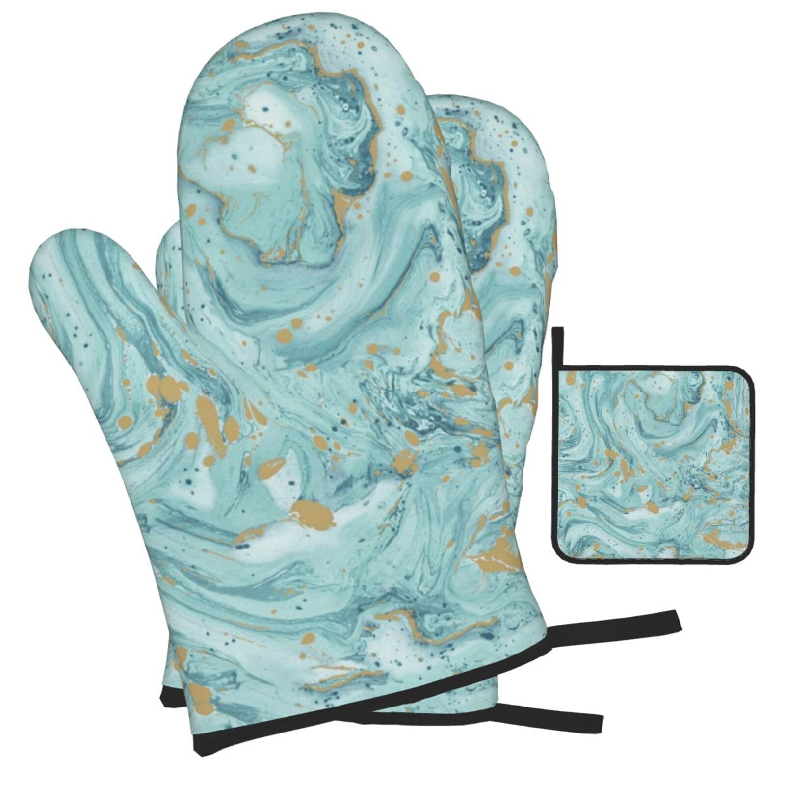 Azurite Teal and Foil Gold Oil Marble Pattern Printed Oven Mitts and Pot Holders Heat Resistant Set of 3 Pcs, Modern Kitchen Gloves & Potholders for Cooking Baking Grilling