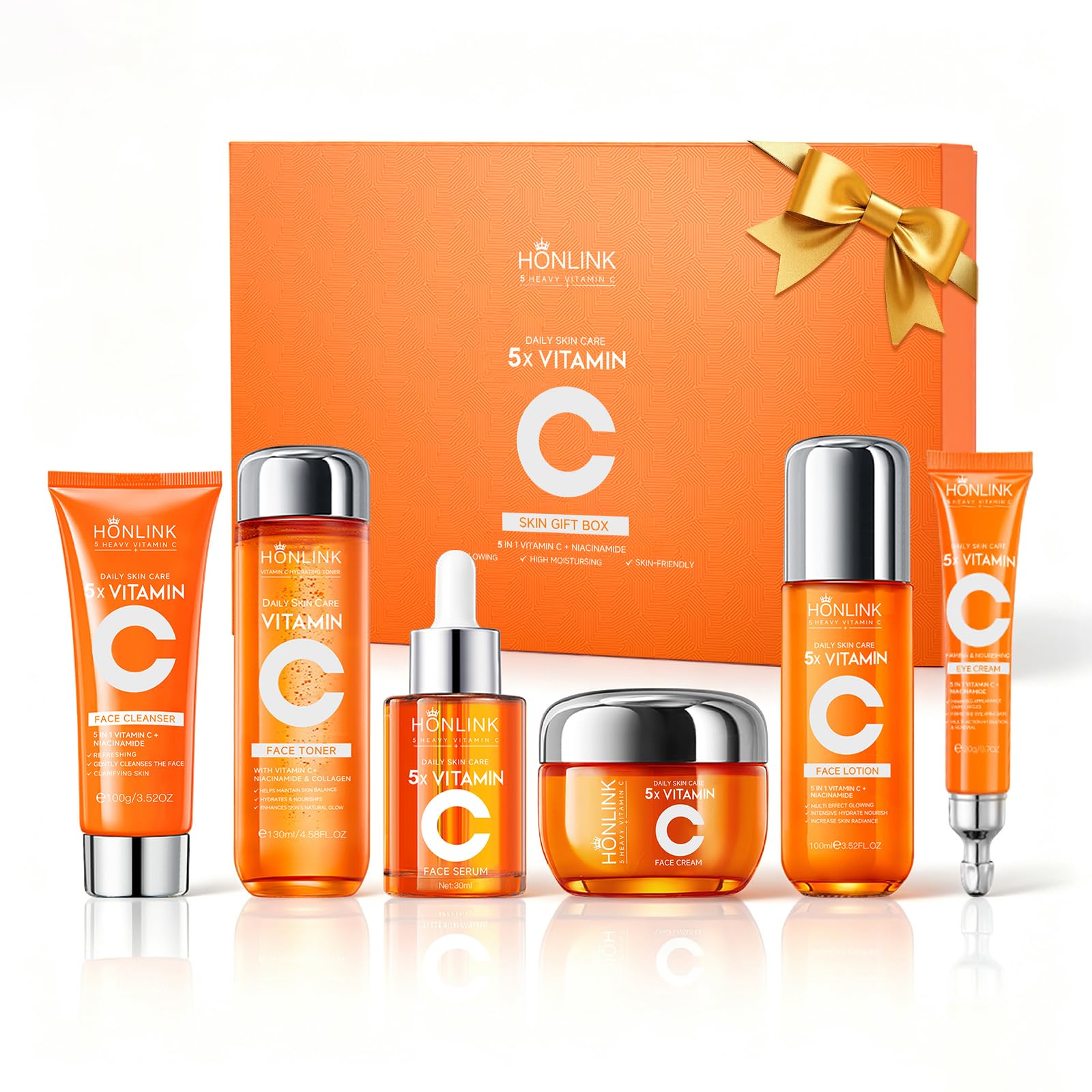 Vitamin C Skincare Set for Women, 6-Step Face Care Routine | Collagen, Niacinamide & Hyaluronic Acid Skincare Collection, Complete Daily Facial Routine & Self Care Gift for Women