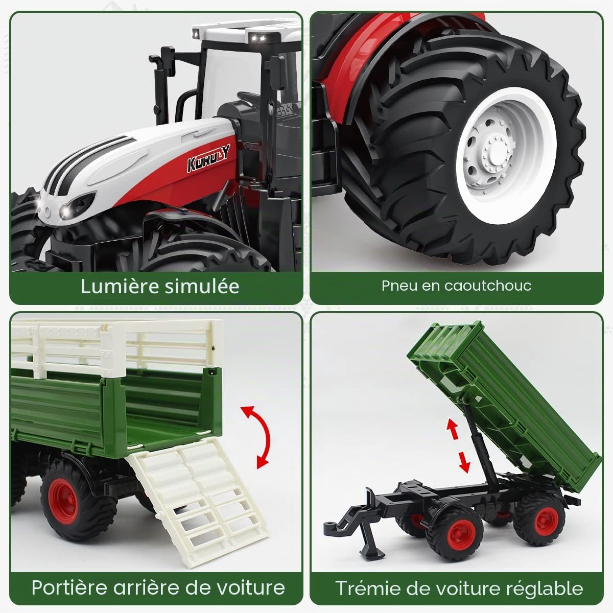 fisca Jouet de tracteur télécommandé RC - Avec remorque - Chariot élévateur avant - Échelle 1/24 - 2,4 GHz - Tracteur électronique - Pour la ferme - Camion - Jouet avec lumière - Pour enfants âgés