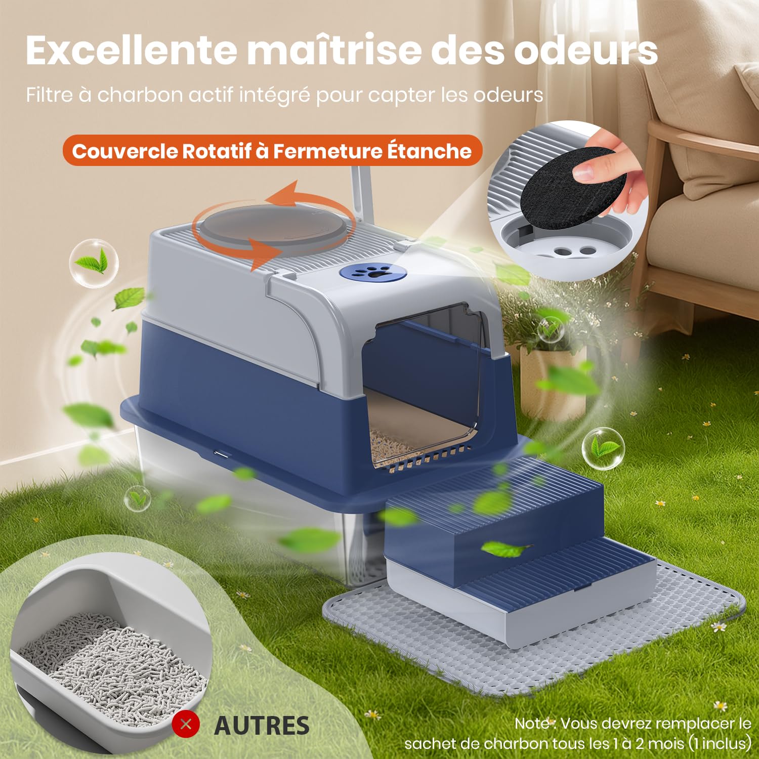XXL Bac Litière pour Chat en Acier Inoxydable avec Couvercle, Litière Fermée Cityflee, Bac à Litière Couvert avec Entrée par Le Dessus et l'avant, Inclut Tapis et Pelle à Litière, Contrôle des Odeurs