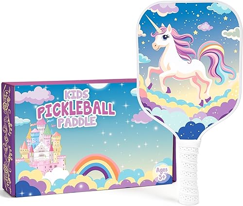 Paleta de pickleball para niños diseñada para edades de 3 a 12 años, fibra de vidrio ligera (0.37 libras), agarre pequeño para un fácil control,