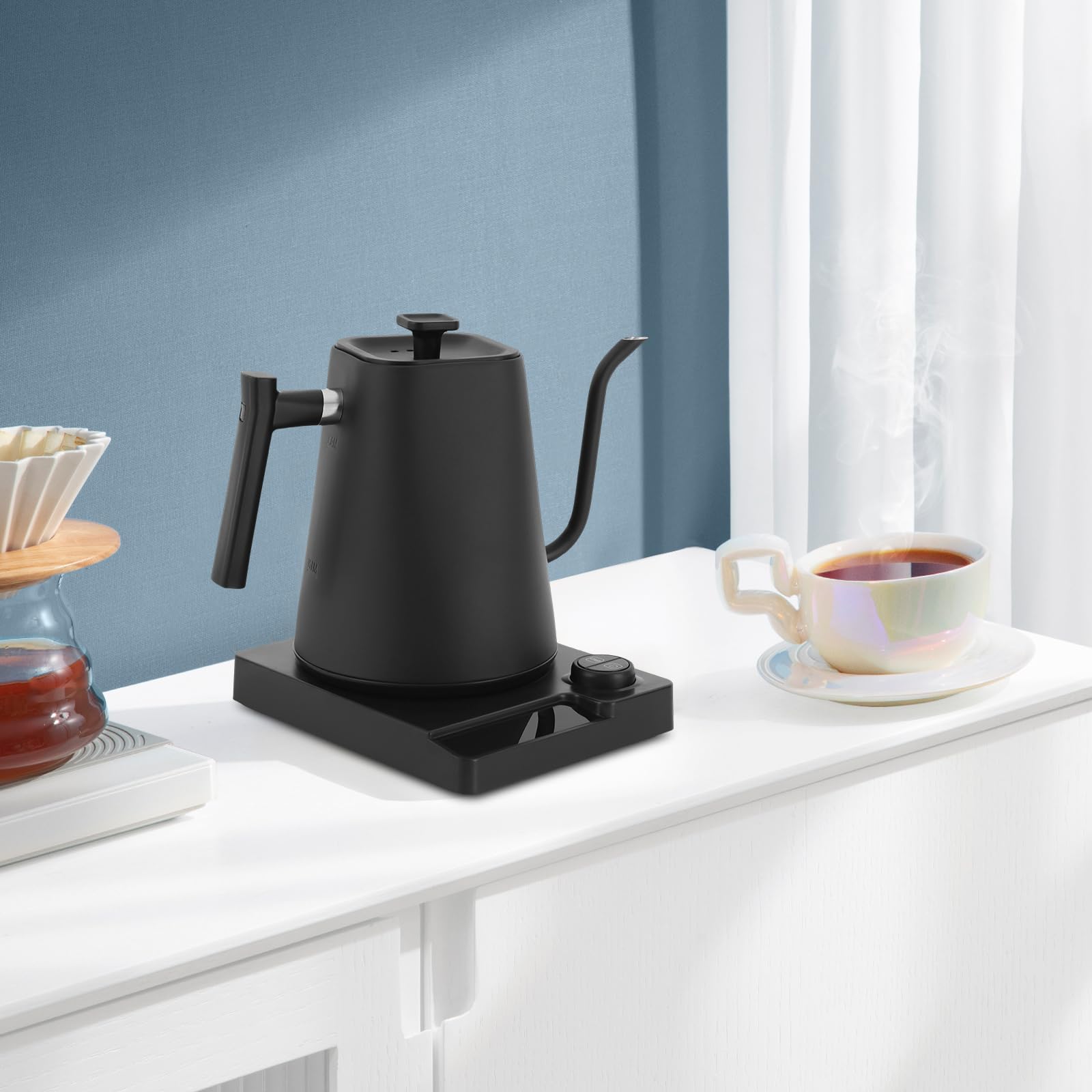 Hervidor eléctrico de acero inoxidable con cuello de cisne con ajuste de temperatura y pantalla LED, Coffee Kettle, 1 L, calefacción rápida de 1200 W, color negro