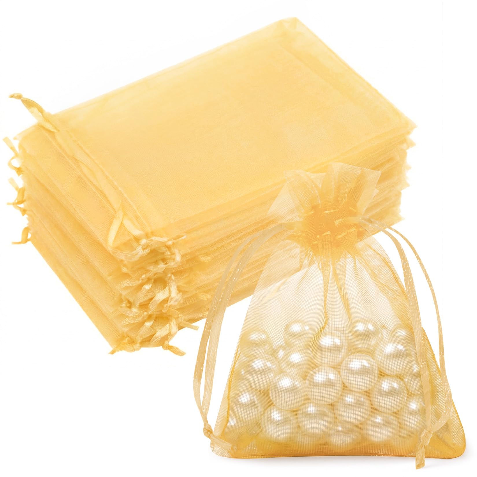 50PCS Gold Organza Bags 3x4, Small Mesh Gift Bags Drawstring Cute Sheer Mini Pouches Goodie Baggies for Jewelry Candy Sachet Treat Wedding Birthday Baby Shower Halloween Christmas Party Favor