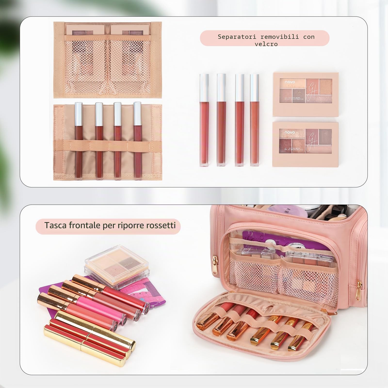 Grande trousse per il trucco da viaggio per donna con scomparto portapennelli, organizer portatile, Rosa