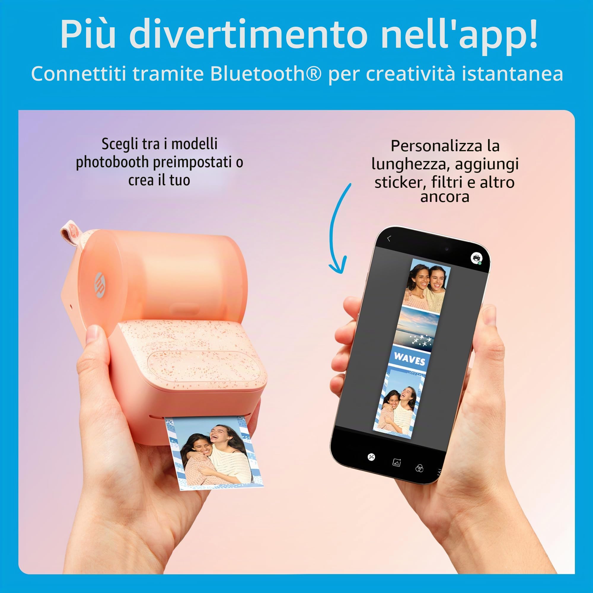 HP Sprocket Panorama, Stampante fotografica portatile per smartphone e etichette a colori istantanee; foto Zink adesive da 2x0,5-9 pollici (5x1,3-23 cm); crea personalizzati tramite app; Rosa.