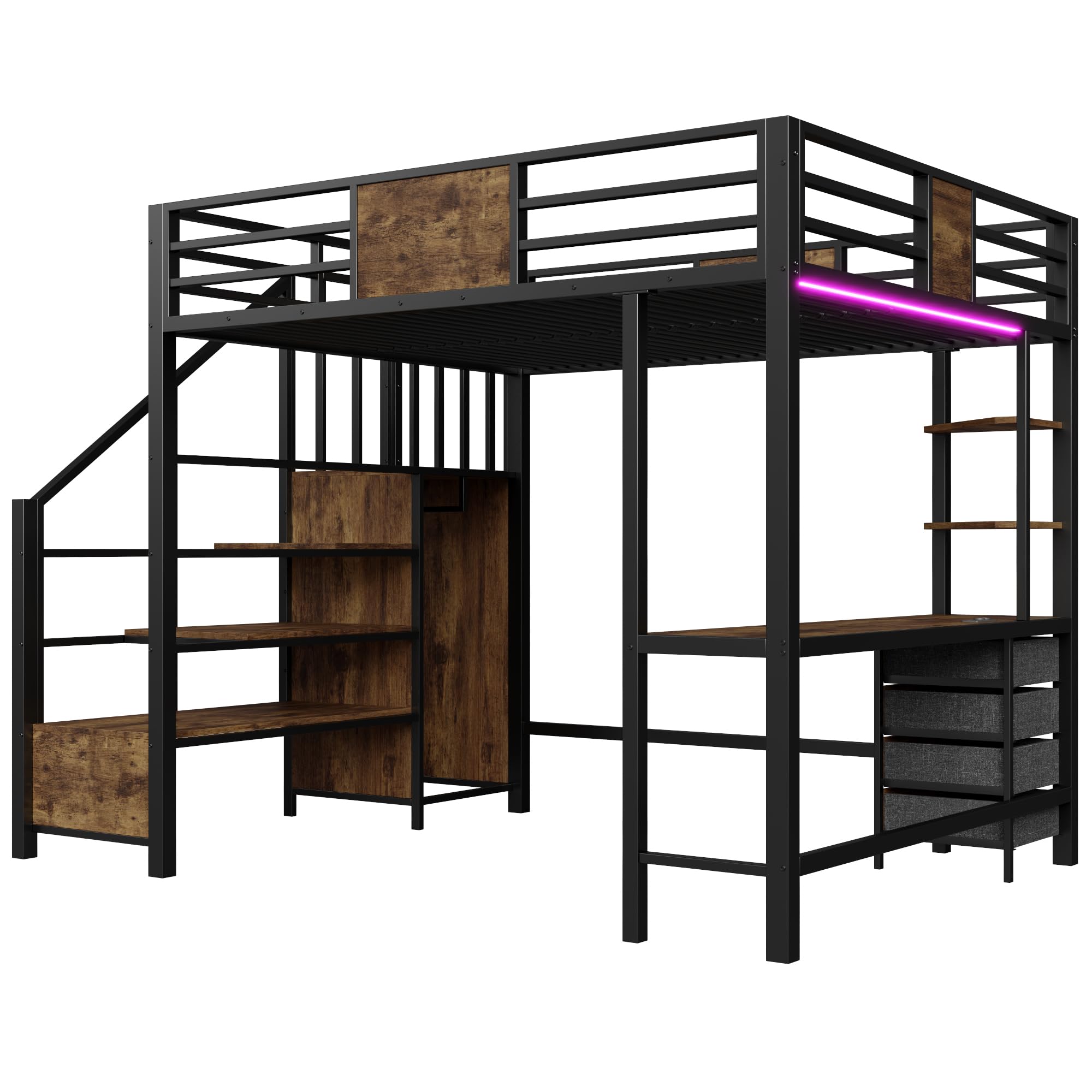 Lit Mezzanine Enfant 140x200cm avec éclairage LED et Prise électrique,métal lit superposé 2 Place avec Bureau, étagères, Tringle à vêtements,lit avec Rangement,Cadre de lit,sans Matelas,Noir