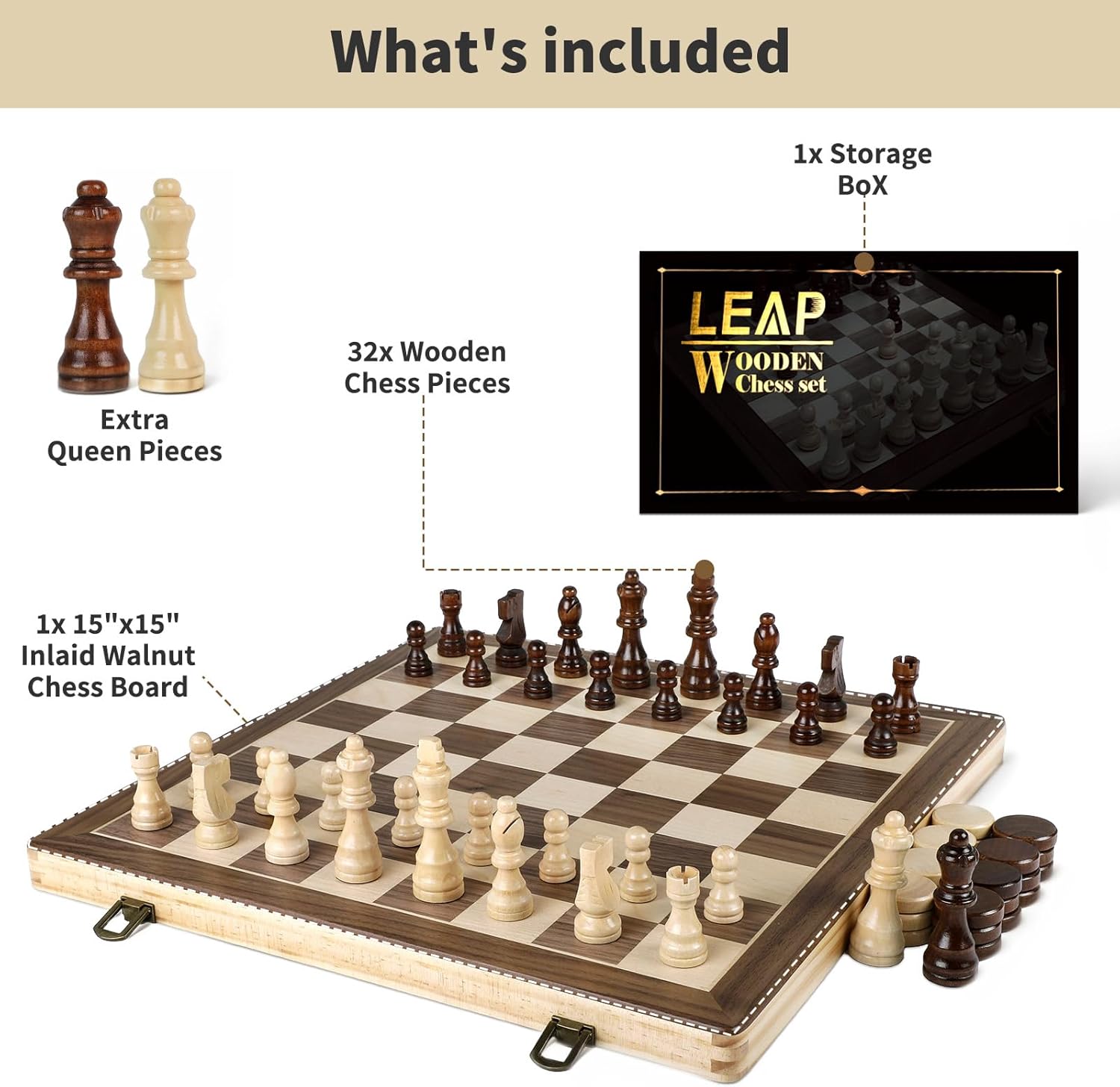 LEAP Wooden Chess and Checker Sets - 15" Walnut & Maple Folding Chess Board with 2 Extra Queens | Chess Board Set | Wooden Chess Sets for Adults - Image 6