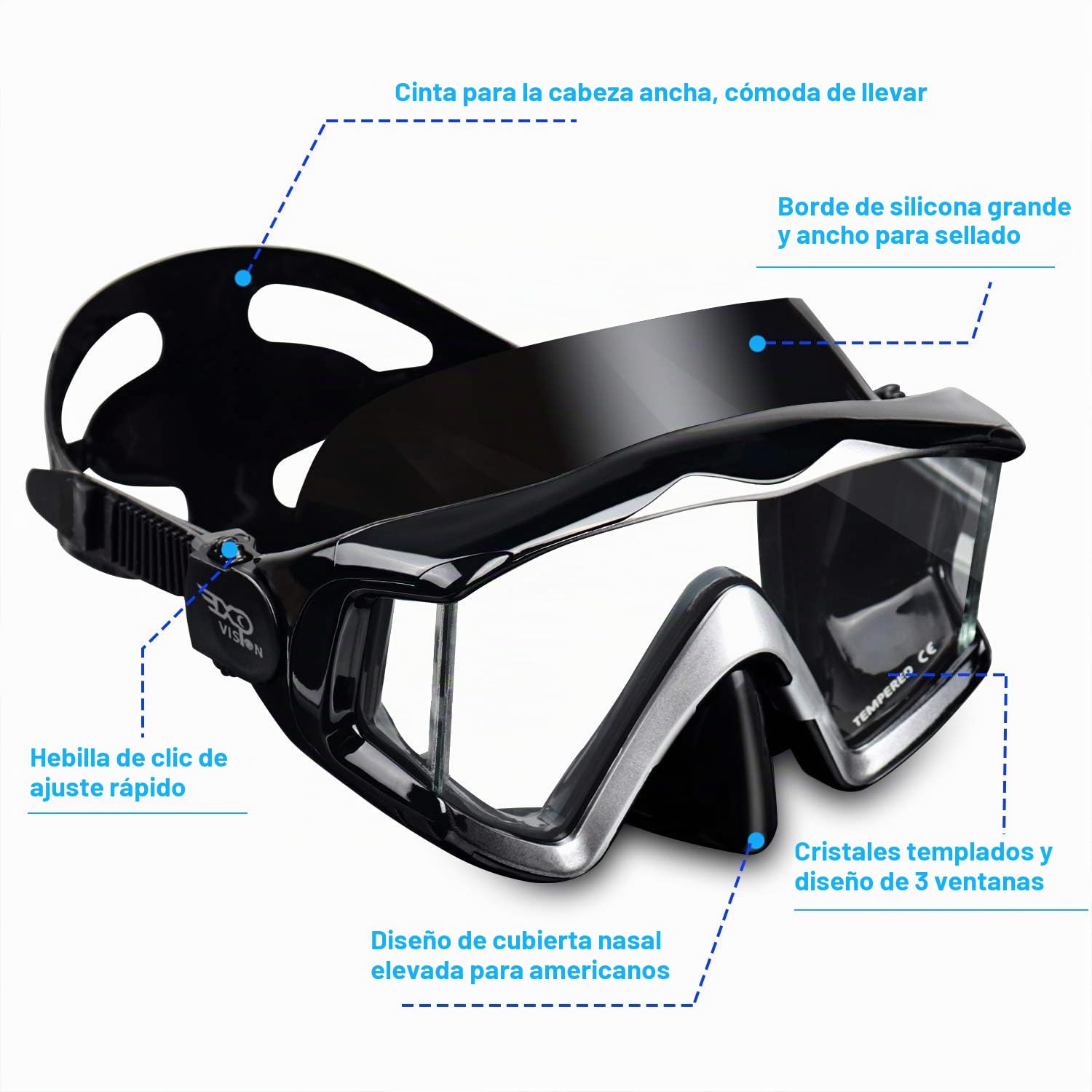 Pano - Máscara de buceo de 3 ventanas para adultos, máscara de esnórquel de vidrio templado, antivaho, gafas de natación sin fugas, con cubierta de nariz, equipo de esnórquel