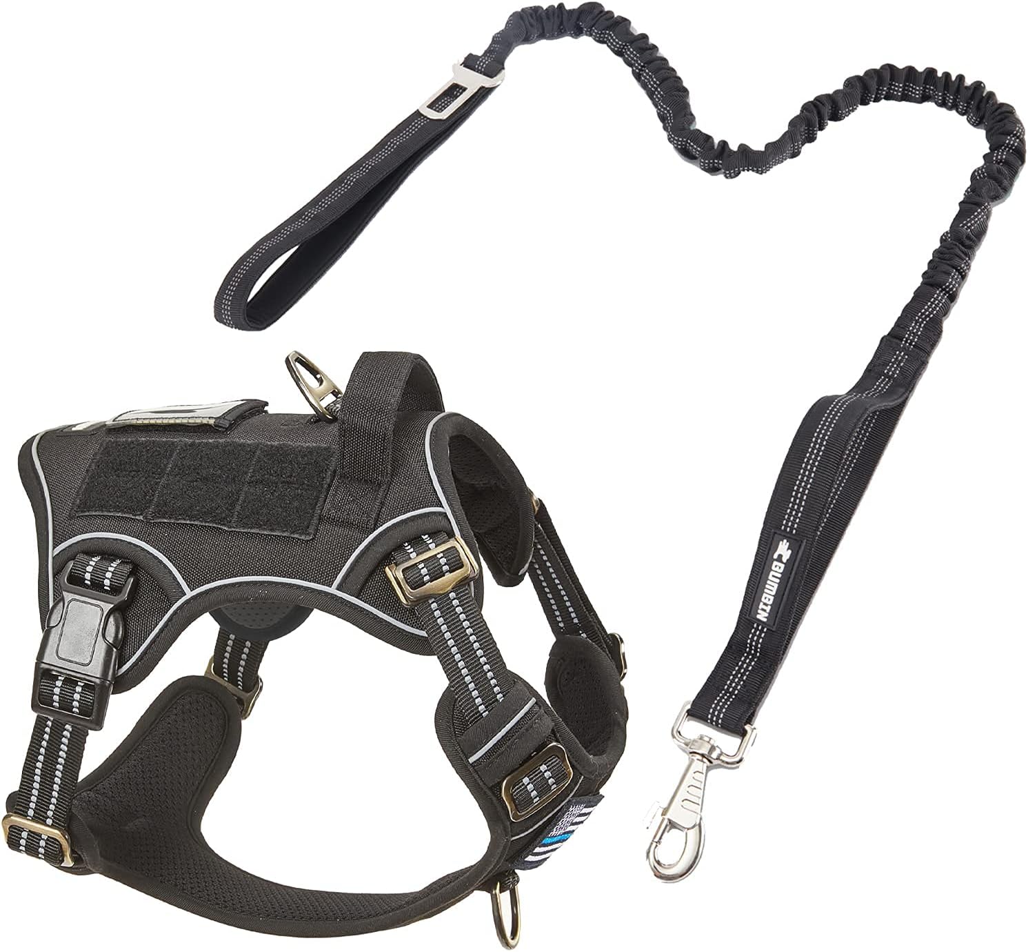 BUMBIN Dog Harness for Large Dogs No Pull, Tactical Dog Harness, with Handle, Adjustable Dog Vest Harness, 6Ft Bungee Dog Leash Large Dogs, No Pull Shock Absorbing Dog Leash with Car Seat Belt