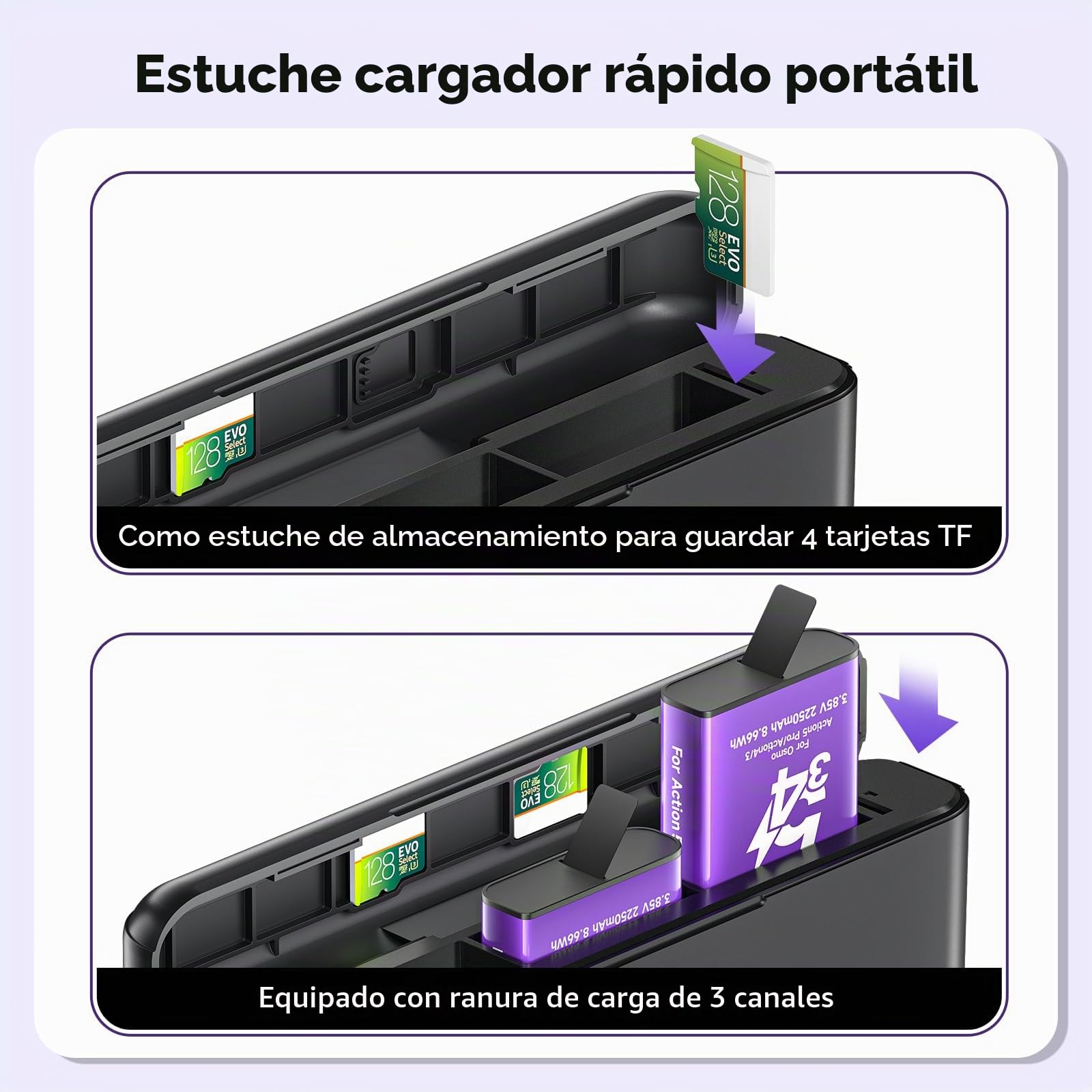 Osmo Action 6/5 Pro/4/3/360 Baterías y Cargador - 2250mAh Baterías para dji Osmo 360/Action 6/Action 5 Pro/Action 4/3, Estuche de Carga rápida USB con Cable Tipo C (2*Baterías+1*Cargador)