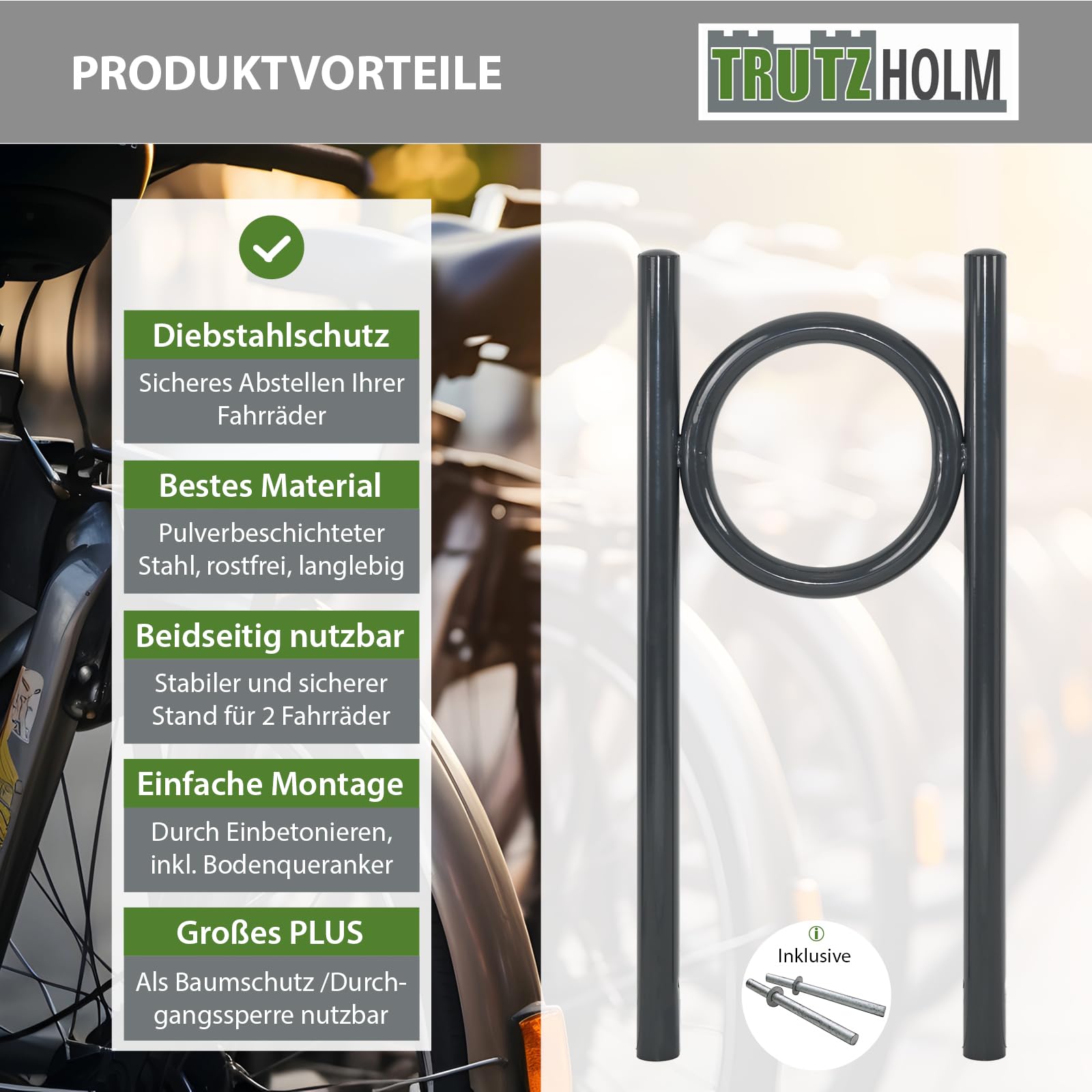 TRUTZHOLM Fahrradanlehnbügel 115 x 52 cm Stahl pulverbeschichtet Rohrdurchmesser Ø 60 mm Fahrradständer zum Einbetonieren inkl. Bodenqueranker Parker Fahrradanlehner für 2 Fahrräder in Anthrazit