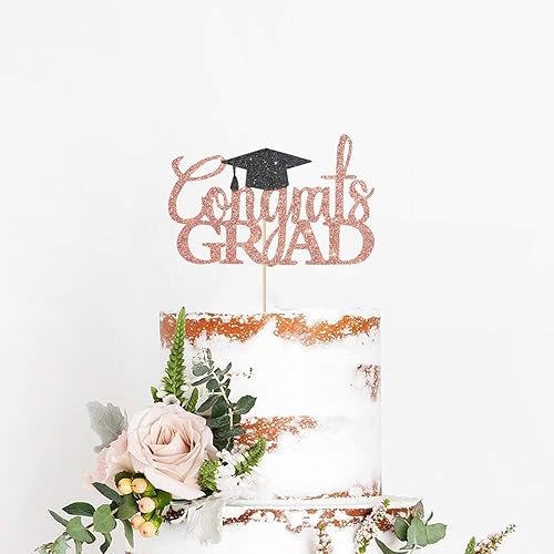 Miniatura 4 de Decoración de pastel de felicitaciones de oro rosa con purpurina – Decoraciones de graduación 2025 – Graduación de escuela secundaria, decoración de