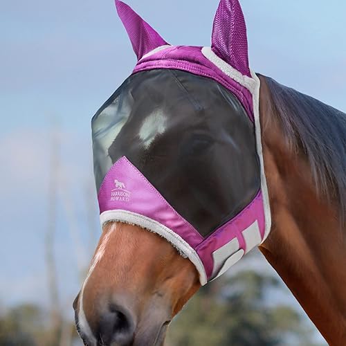 Miniatura 12 de Harrison Howard CareMaster Pro - Máscara luminosa para moscas de caballo, gran espacio de ojos estándar con orejas, protección UV para caballo rojo