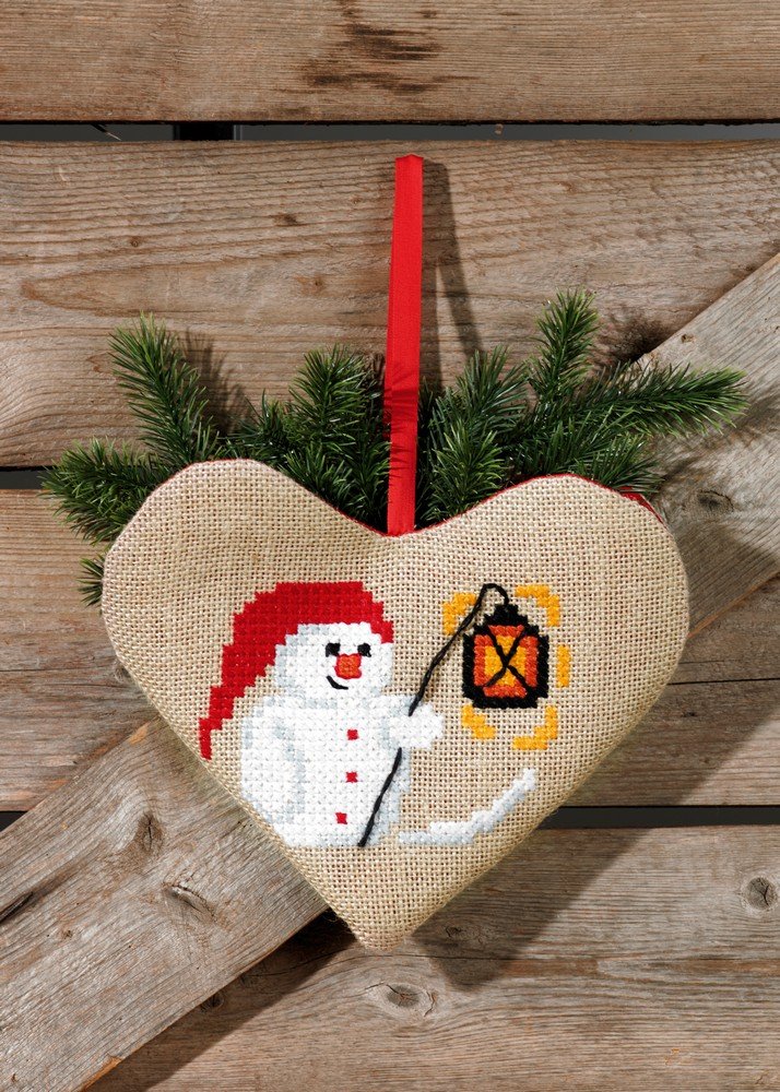 Permin Snowman Heart Bag Counted Cross Stitch Kit, 28cm x 24cm