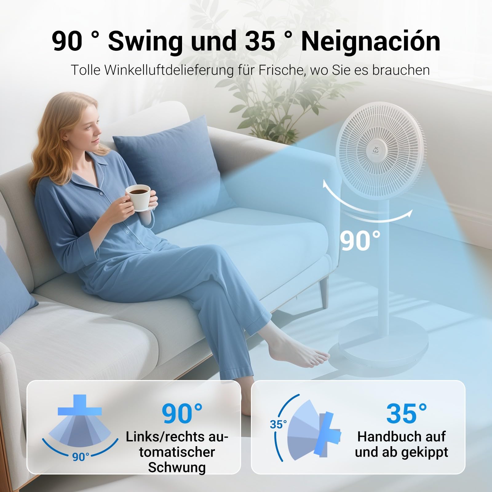 EXTRASTAR Standventilator mit abnehmbarer Stange (91cm/63.5cm), 3 Geschwindigkeitsstufen, 90° Oszillation + 35° Neigung, 50W Energiesparmodus für Schlafzimmer, Büro, Wohnzimmer (Weiß)