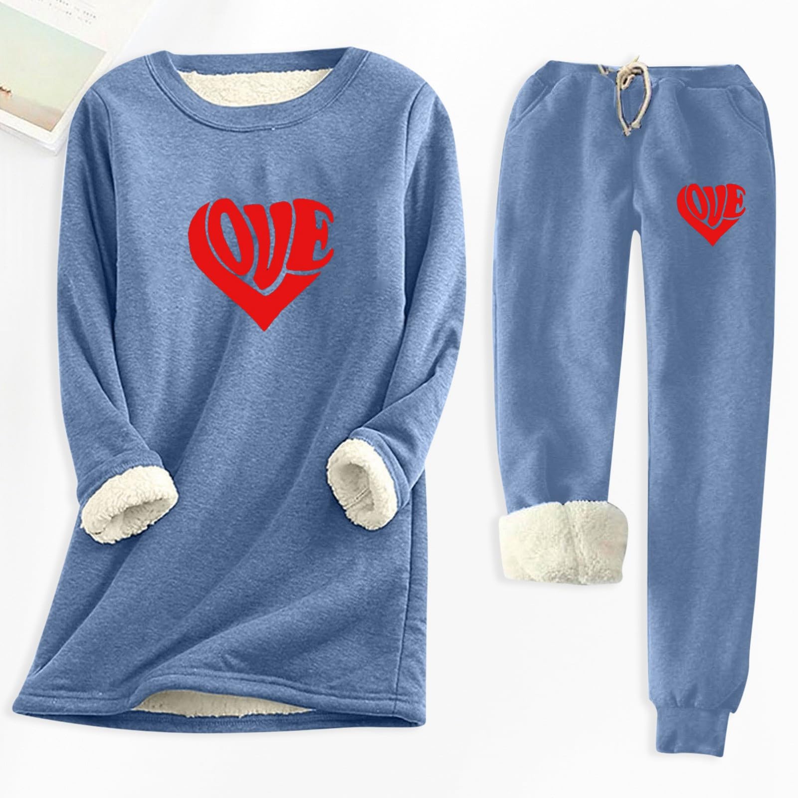 Generisch Damen Thermoset Fleecefutter Aufdruck lässig Oberteil und Hose für kaltes Wetter Herbst Winter bequem komfortabel Thermounterwäsche Set Fleeceunterwäsche Loungewear Unterteil