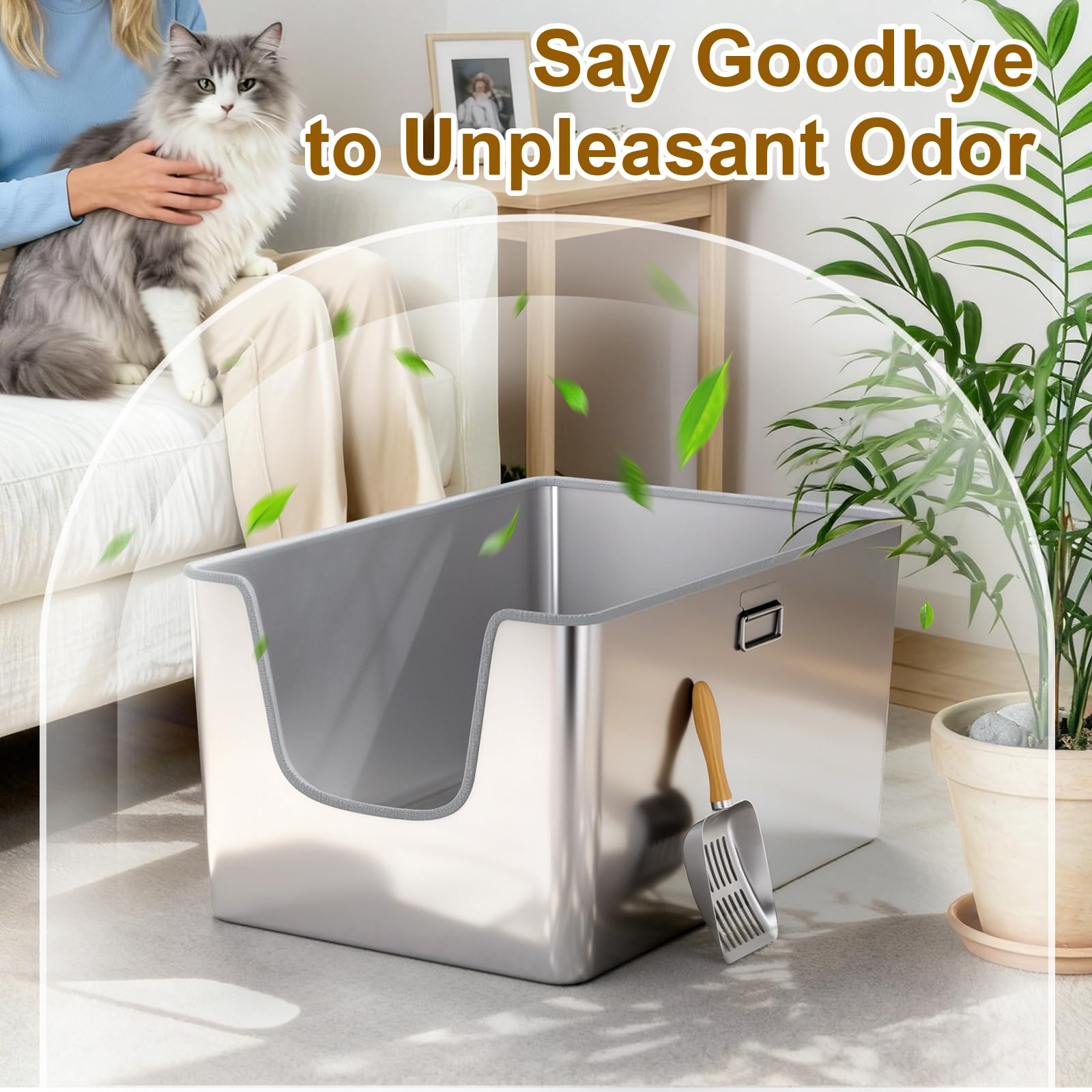 XXL Stainless Steel Cat Litter Box with High Side,No Sharp Edges for Big Cats,One-Piece Deep Metal Litter Box with Curved Low Entry,Anti-Leakage,Non-Sticky,Easy Cleaning(Side Entry) - image 6