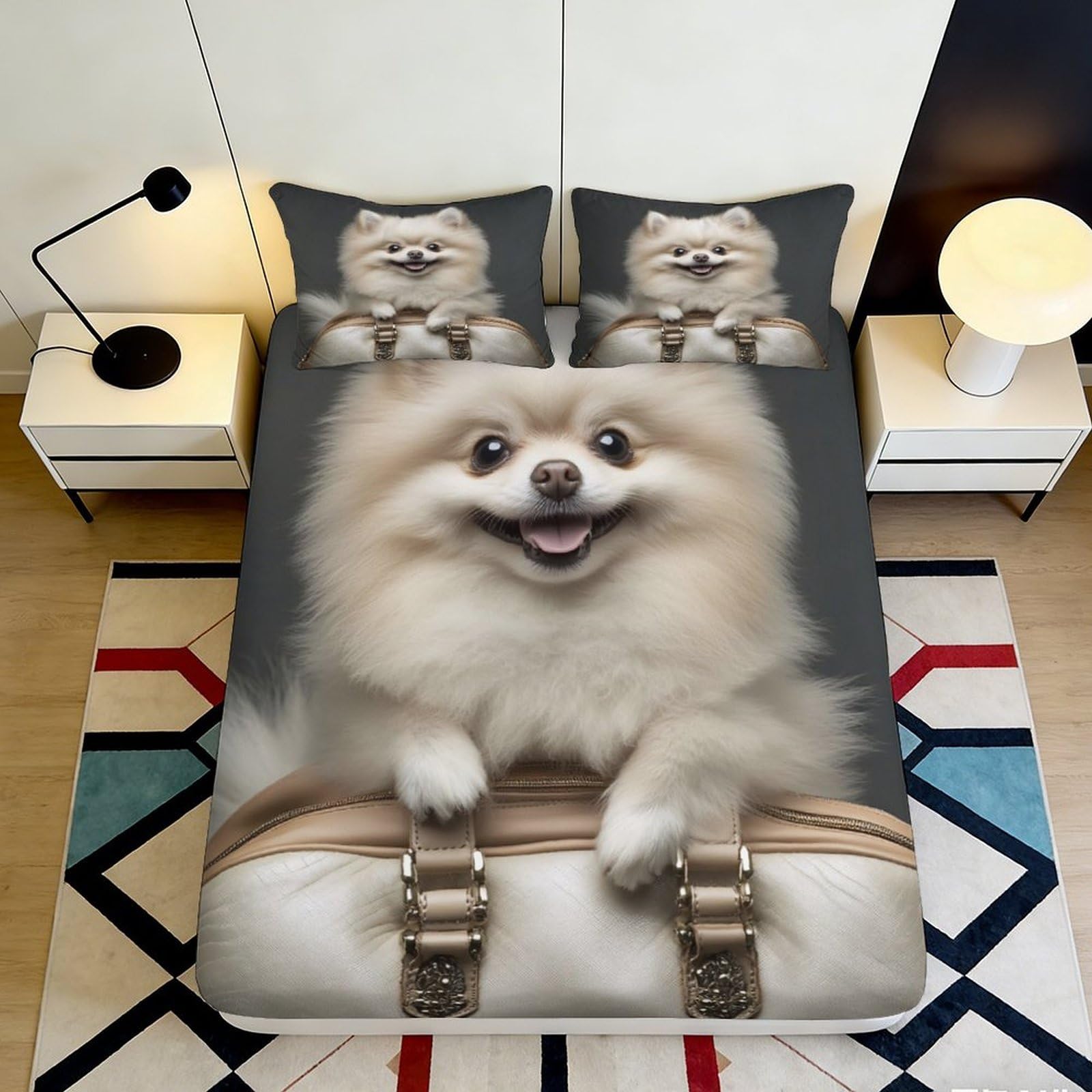 3D Printed Cute Pomeranian Fitted Sheet Microfiber Soft Breathable Dog Bed Cover for Bedroom Dorm Mattress Decor 90x200x25cm