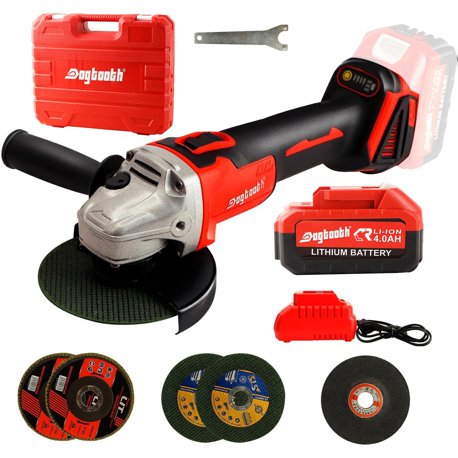 DOGTOOTH 21V 4-1/2'' Brushless Cordless Angle Grinder Kit, Max 10000 RPM, Compatible with Makita 18V Battery, 1 * 4.0 Ah Battery, Charger, 4 Cutting&