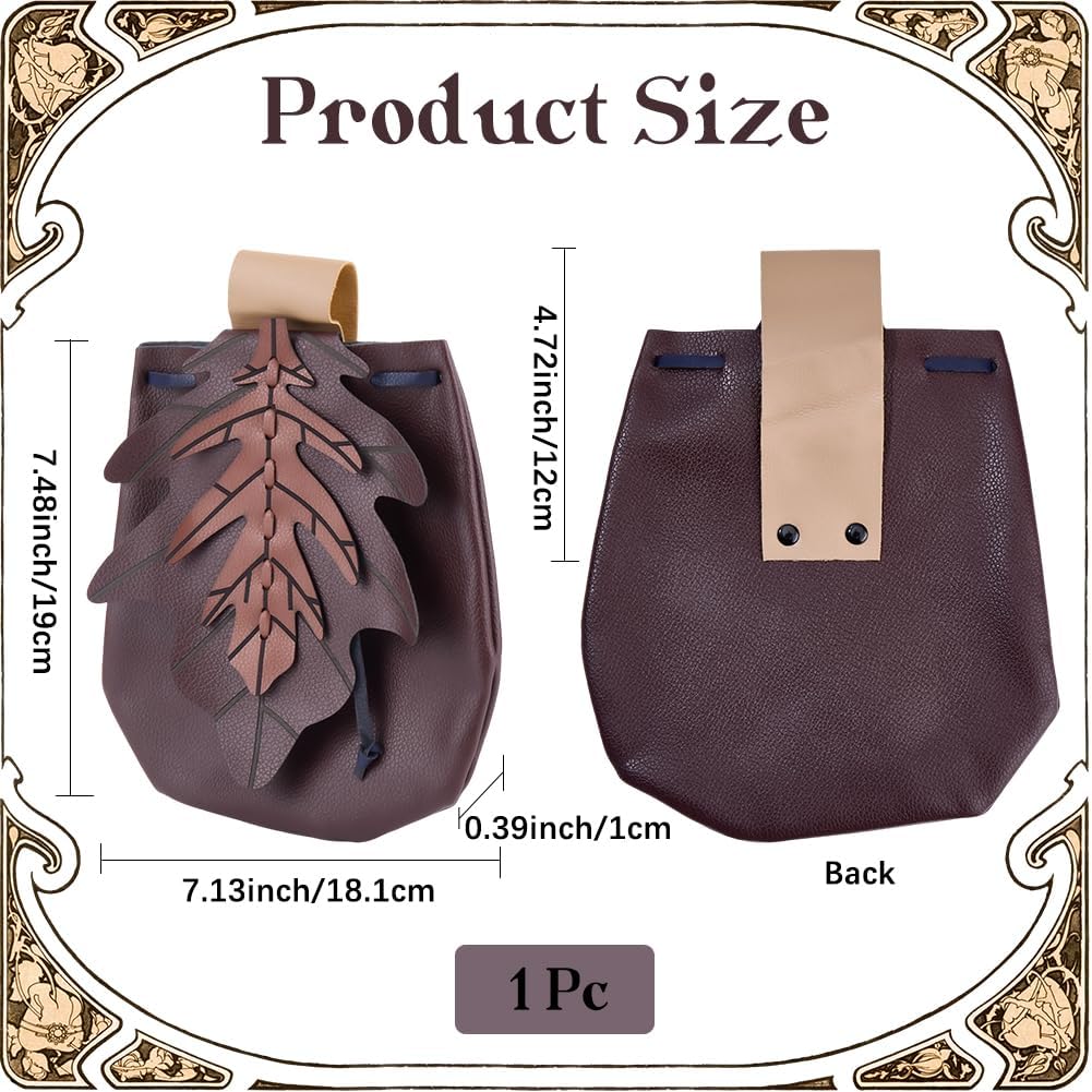 Vintage Medieval PU Leather Belt Pouch Middle Ages Portable Leaf Coin Purse Renaissance Viking Storage Waist Drawstring Bag for Halloween Costume LARP Ren Faire (Coconut Brown) - Image 2