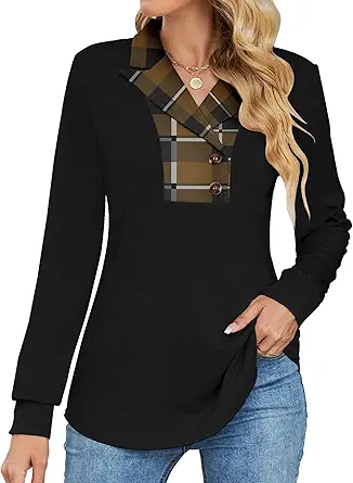 Micoson Women's Long Sleeve Button Lapel Tunic Tops V Neck Business Casual Swing Sweatshirt Pullover S-2XL