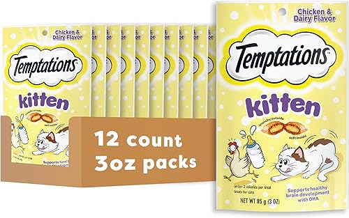 Temptations Kitten Crunchy and Soft Cat Treats sabor pollo y lácteos, bolsa de 3 onzas, (paquete de 12)