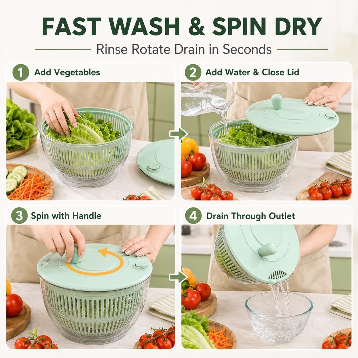 Centrifugadora multifuncional 5 en 1 para ensaladas y preparación de verduras con 5 cuchillas, capacidad de 5 litros y funcionamiento manual.