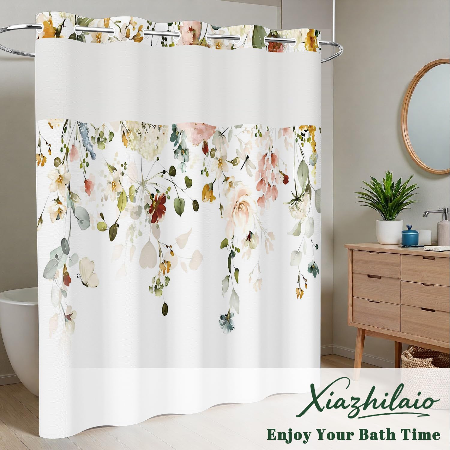 No Hook Shower Curtain with Snap in Liner - 71″W x 74″L Waterproof Fabric with Mesh Top Window, Watercolor Floral and Eucalyptus Print Bath Curtain for Boho Farmhouse Bathroom Decor