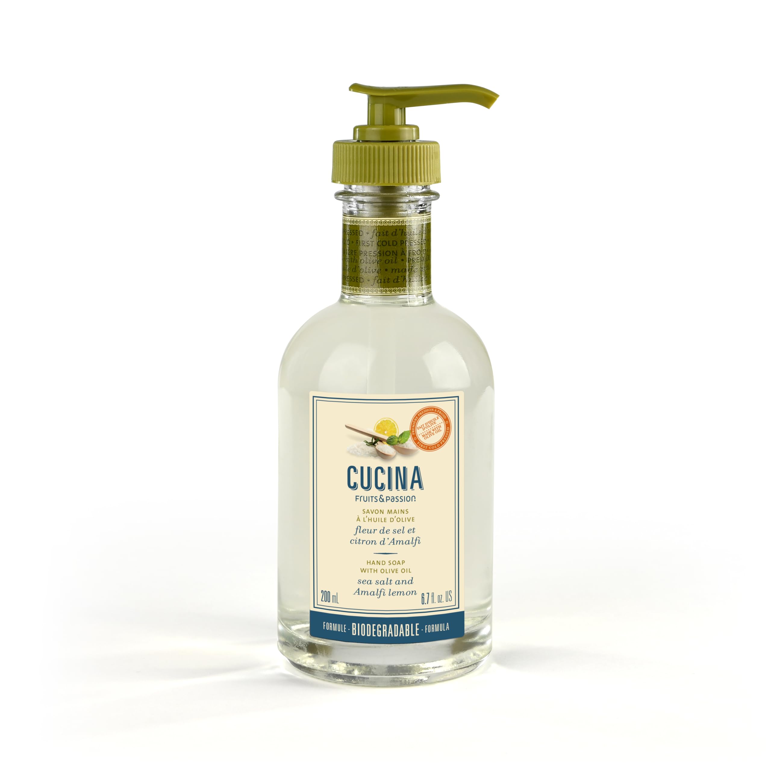 Fruits & Passion Cucina Kitchen Hand Soap, Sea Salt & Amalfi Lemon, Natural Soap with Cold-Pressed Olive Oil, Vegan Moisturizing Formula in Refillable Glass Hand Soap Dispenser, 6.76 fl oz