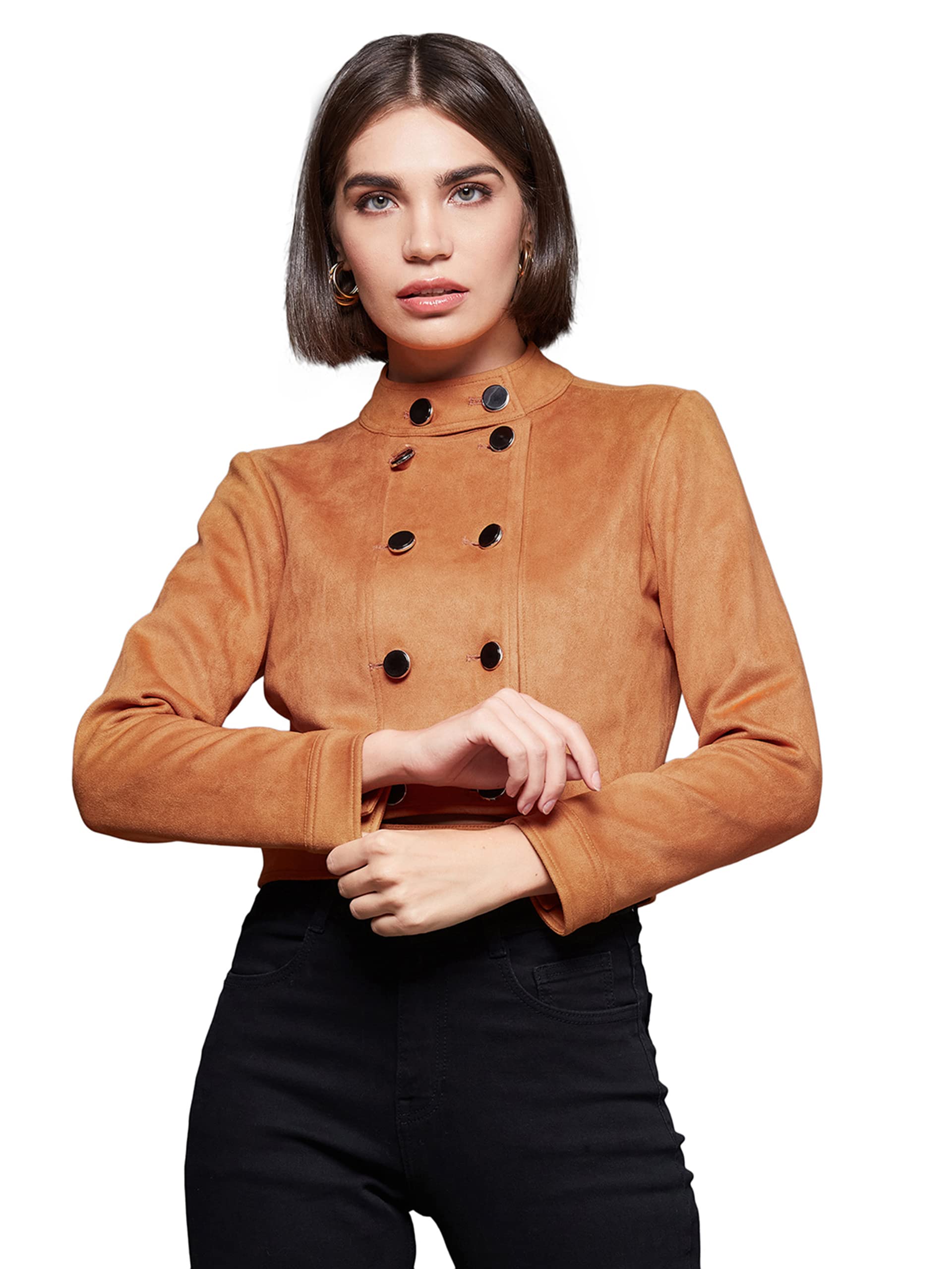 miss chase Women's Solid Mandarin Collar Full Sleeve Double Breasted Cropped Jacket-picture-17