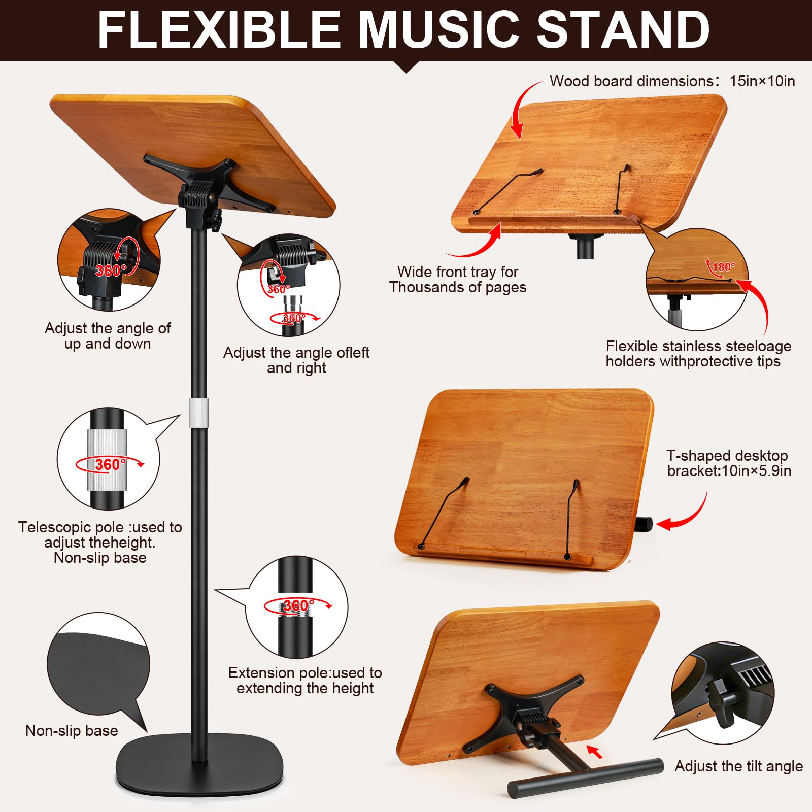 Leggio regolabile 2 in 1 per la lettura, altezza regolabile 50-130 cm, doppio uso da tavolo e da pavimento con piastra XXL, leggio inclinabile a 180°, SupportoRegolabile per PC Portatile (Nero)