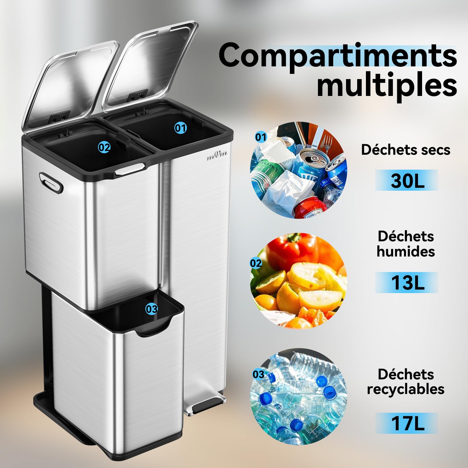 mVm Poubelle de Cuisine Triple,Poubelle de Tri,Corbeille à Pédale,3 Compartiments,60 Liter(13+17+30L) Déchets,Acier,Couvercles à Fermeture en Douceur,Pédales,Seaux Intérieurs