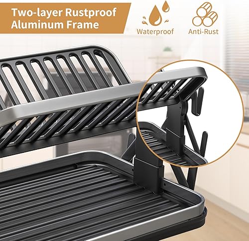 Miniatura 2 de Temste Escurridor de platos plegable de 2 niveles, multifuncional, escurridor de platos con marco de aluminio para encimera de cocina, escurridor de