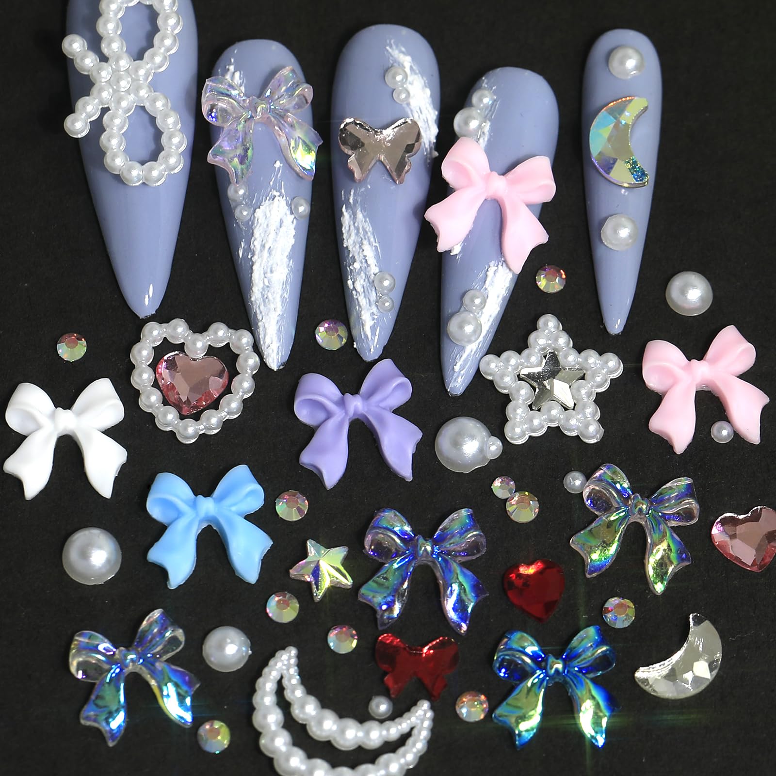 3D Multi Shapes Nail Charms Flatback Pearls White Heart Moon Pearl Colourful Bow Nail Charms Nail Gems Diamond Flatback Rhinestones For Nail Art DIY Crafts Designs Decoration With Tweezers Pickup Tool