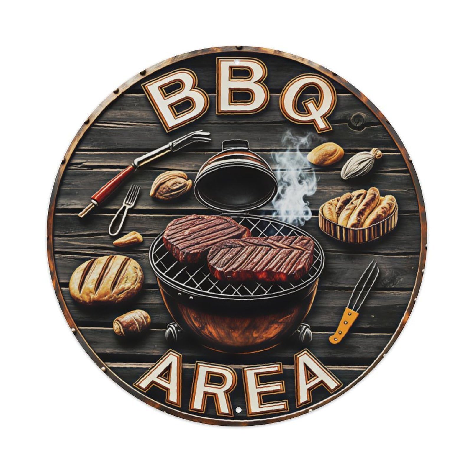 Vintage BBQ Area Themed Round Sign Vintage Aluminium Metal Sign, Retro Wall Decor for Home, Bar, Garage & Farmhouse 20x20cm