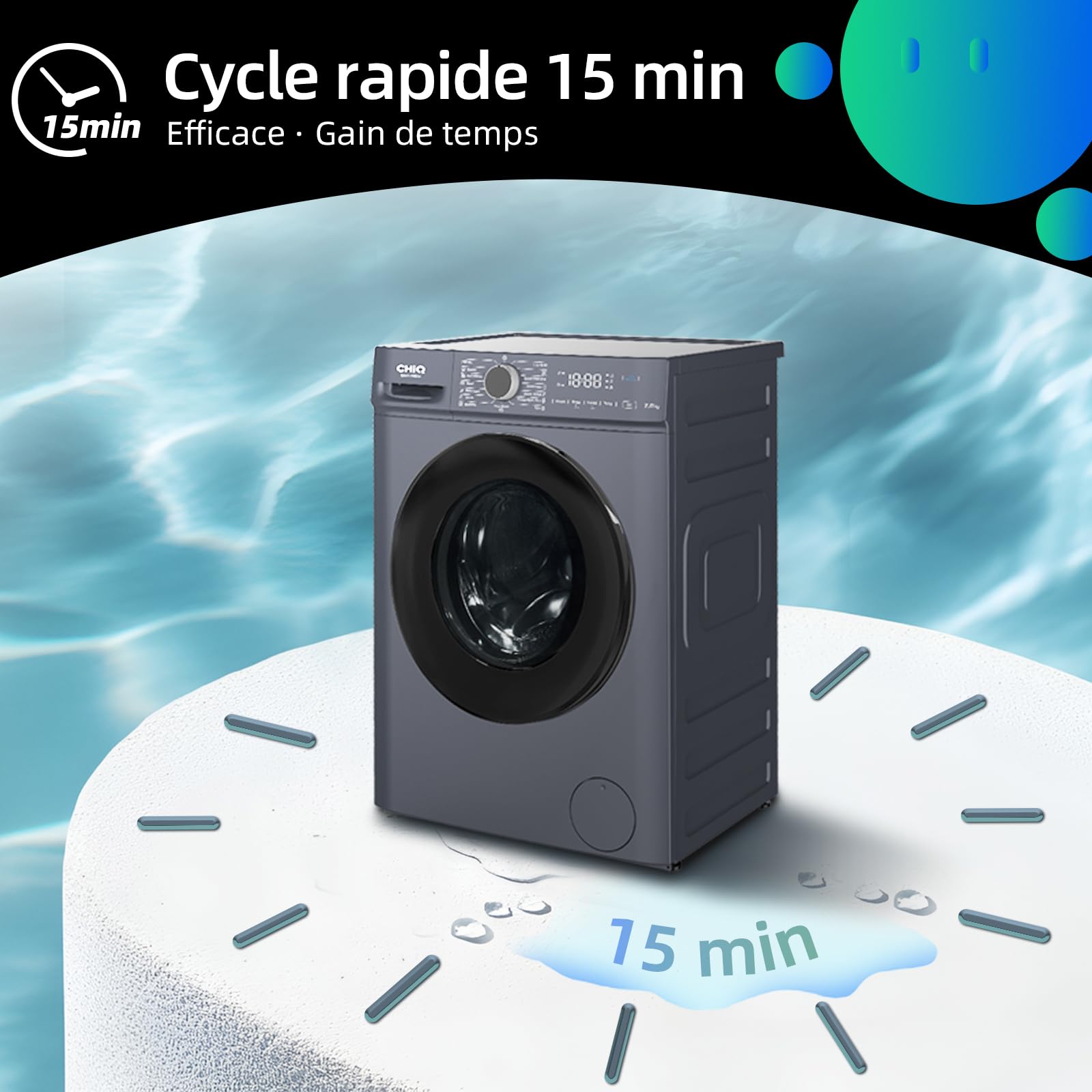 CHiQ Lave linge hublot 7kg Classe énergétique A Moteur BLDC 1200 RPM Lavage vapeur 15 programmes Design compact 60x46.5x85cm Gris