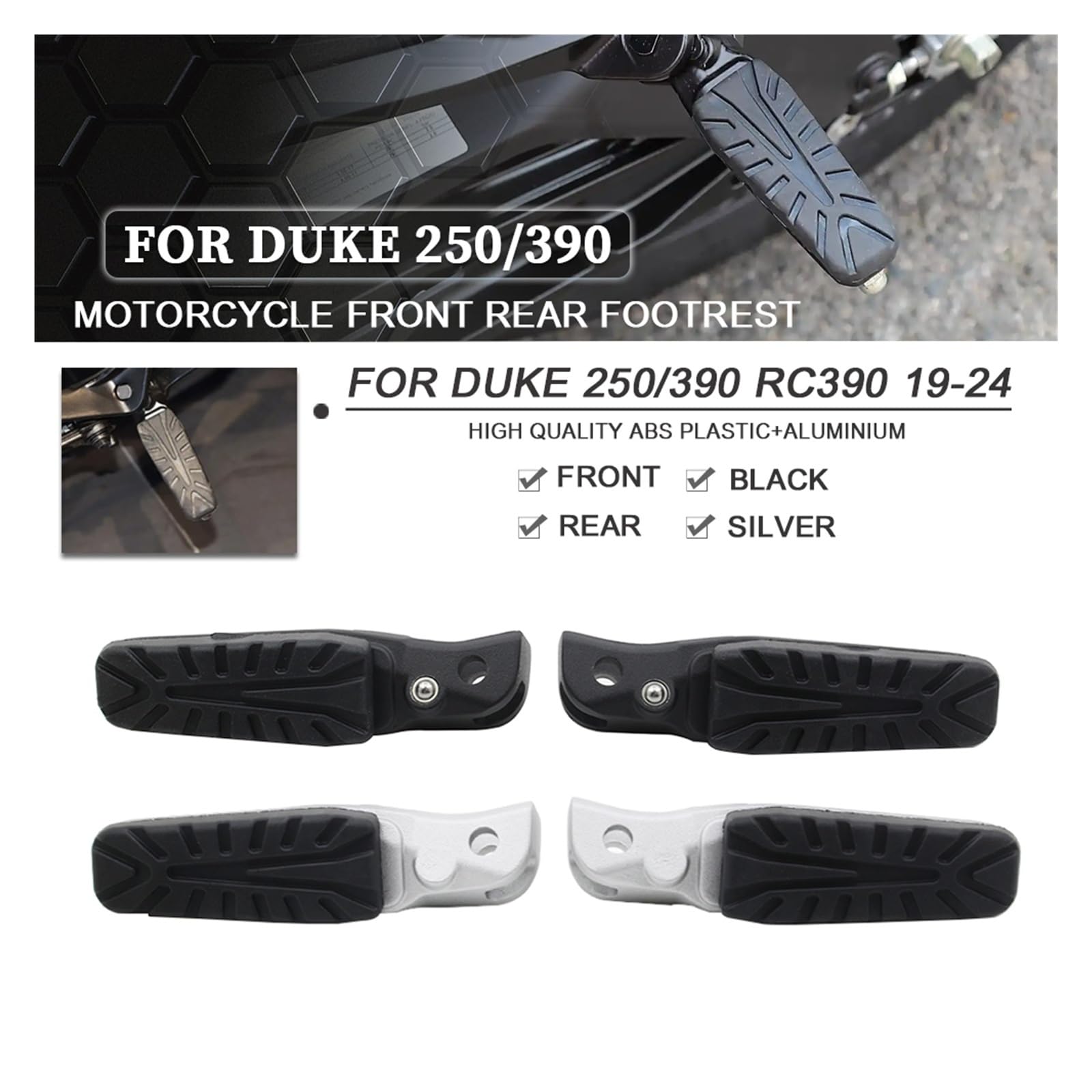 Pasuje do DUKE 250 390 RC390 2019-2024 Duke250 Duke390 podnóżki z gumową osłoną motocykl przedni tylny podnóżek podnóżki pedały(Front Rear Silver)