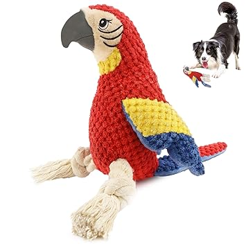Cute Paws Cotton Plush Squeaky Dog Toys, Interactive Dog Chew Toys, Stuffed Puppy Chew Toys for Teeth Cleaning, Small,Middle,Large Dogs,Red Parrot