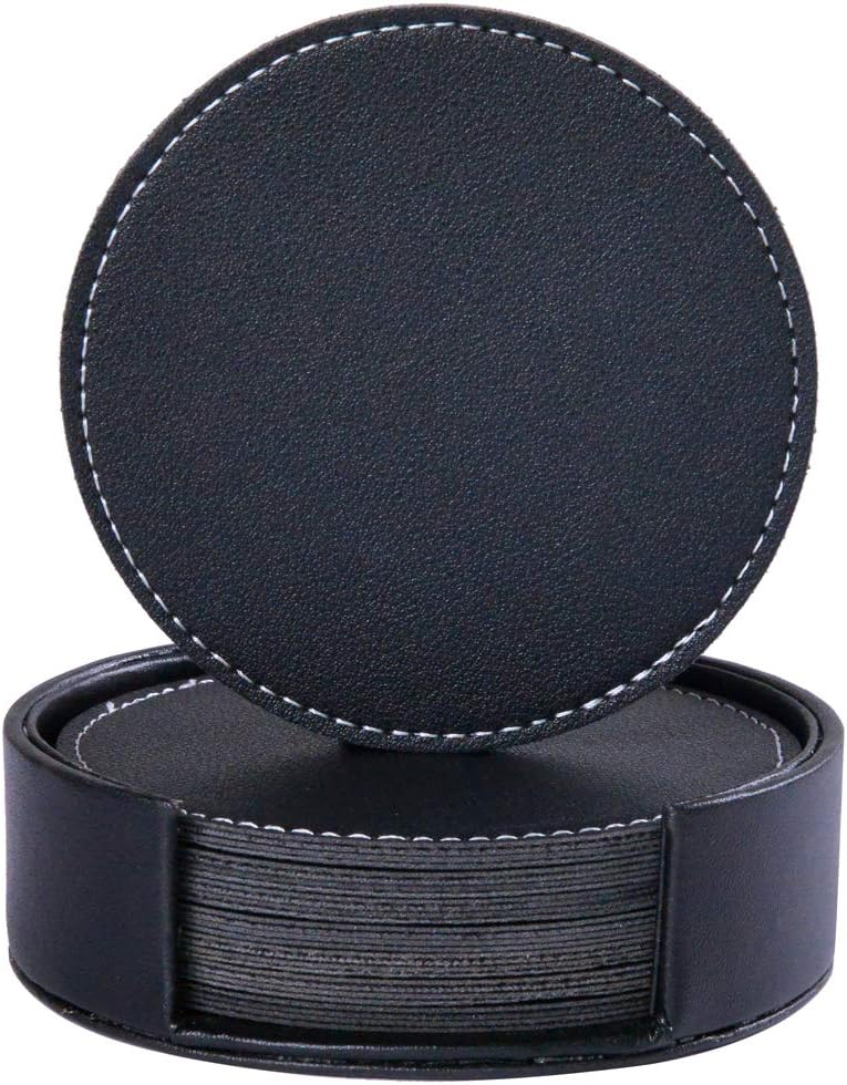 Leather Coasters with Holder Set,Coasters for Drinks,Cup Mat Pad for Home and Kitchen Use (Black8PCS)