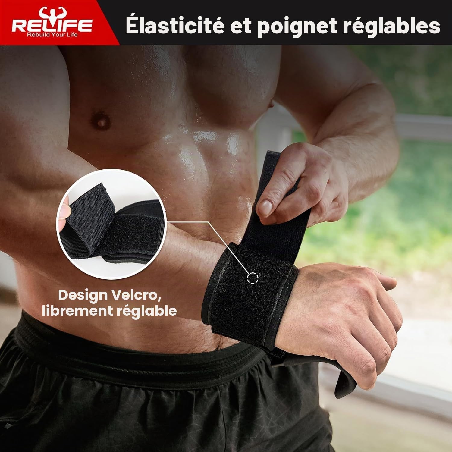 RELIFE REBUILD YOUR LIFE Straps de Musculation pour Traction Assistée Bandes Poignet Hooks de Levage (Paire) pour Powerlifting Poignées d'Entraînement Crochets de Levage